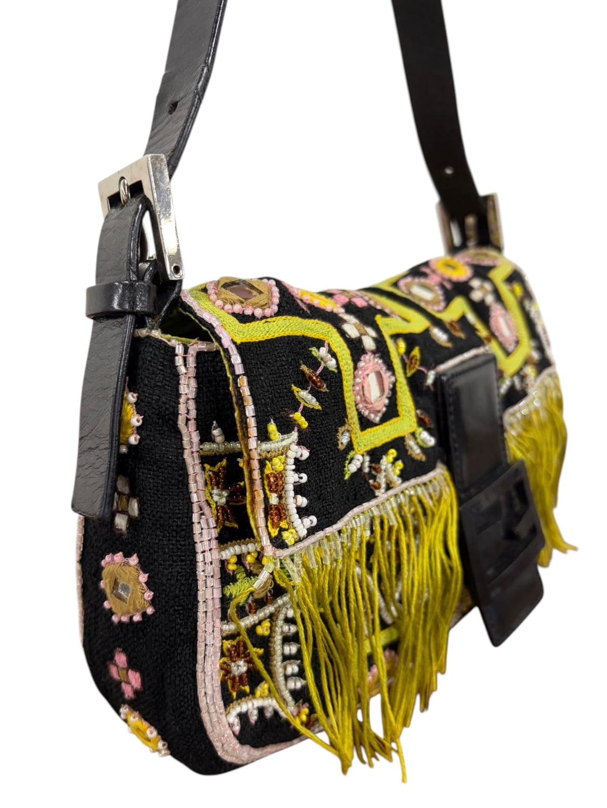 Fendi Vintage Late 90s Black Knit Embroidered Pink Beaded Green Fringe Embellished Shoulder Baguette Bag