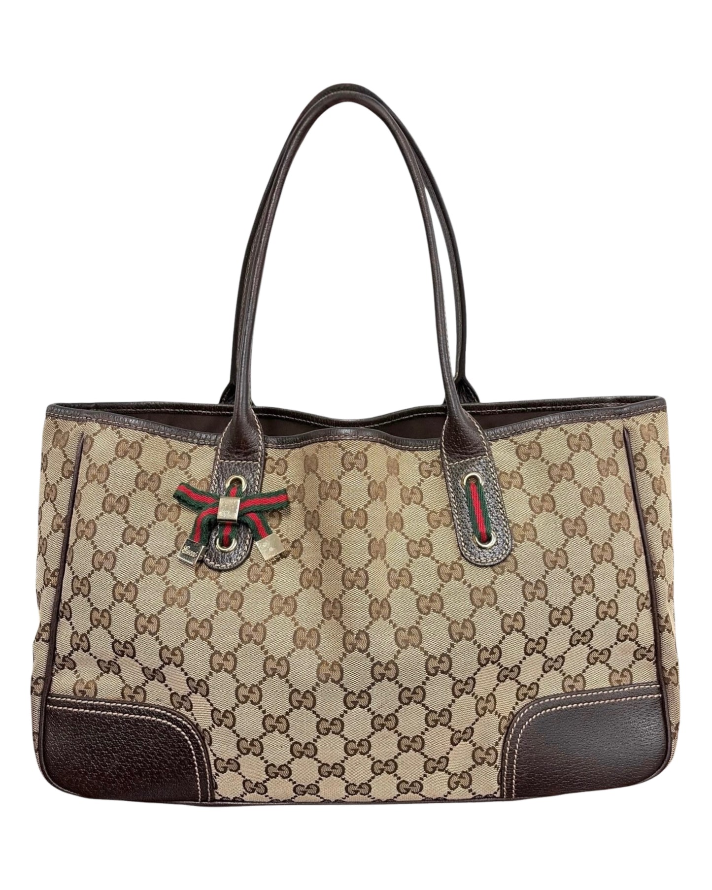 Gucci Vintage Brown GG Monogram Medium Princy Shoulder Tote Bag with Webb Stripe Bow