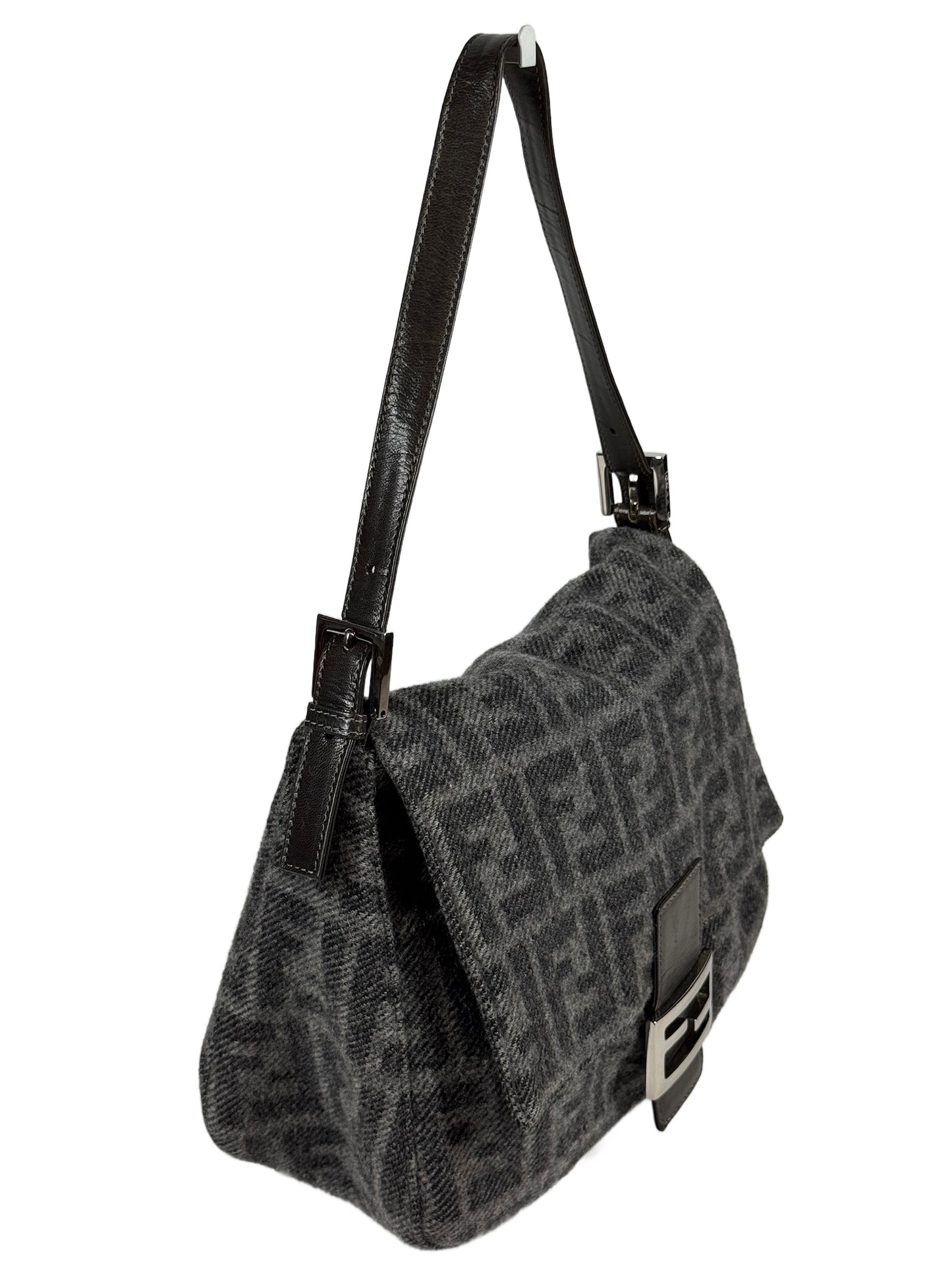 Fendi Vintage Gray Zucca Monogram Knit Wool Mamma Baguette Shoulder Bag
