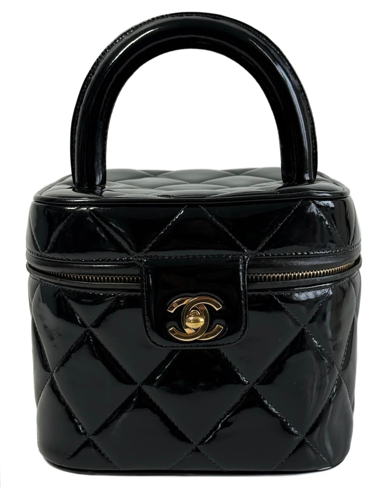 Chanel Vintage 1997 Black Quilted Patent Leather Turnlock Top Handle Vanity Bag w 24K GPHW