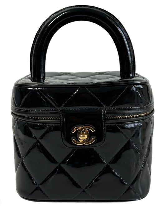 Chanel Vintage 1997 Black Quilted Patent Leather Turnlock Top Handle Vanity Bag w 24K GPHW