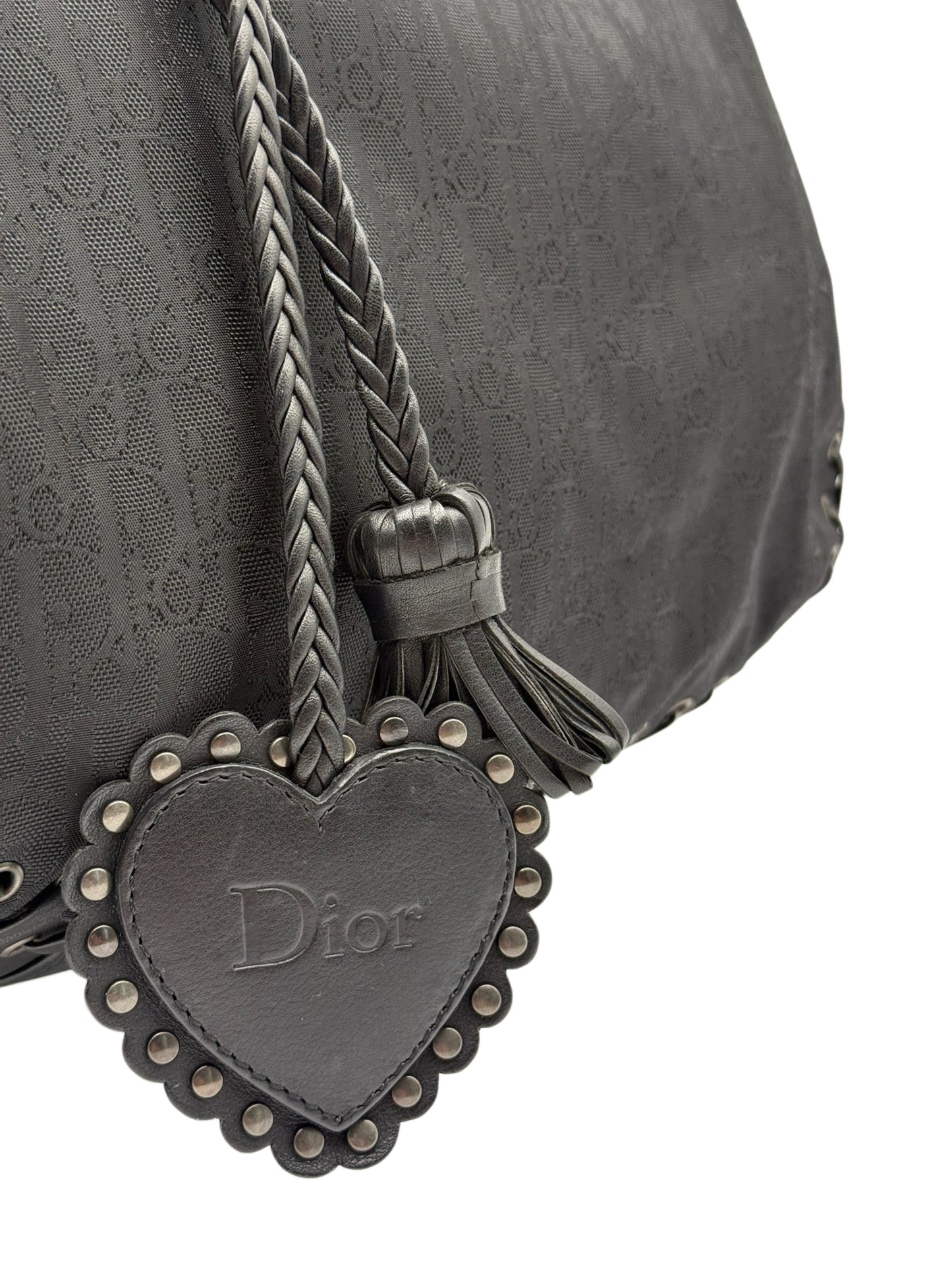 Dior Vintage 2007 Black Diorissimo Monogram Nylon & Leather Lace Up Corset Shoulder Tote Bag with Heart Charm