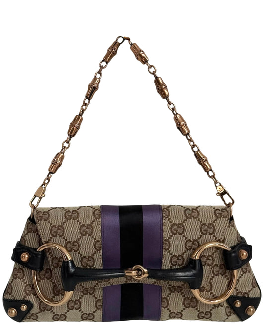 Gucci Vintage Brown GG Monogram Horsebit Purple & Black Satin Striped Rose Gold Bamboo Chain Small Shoulder Clutch Bag