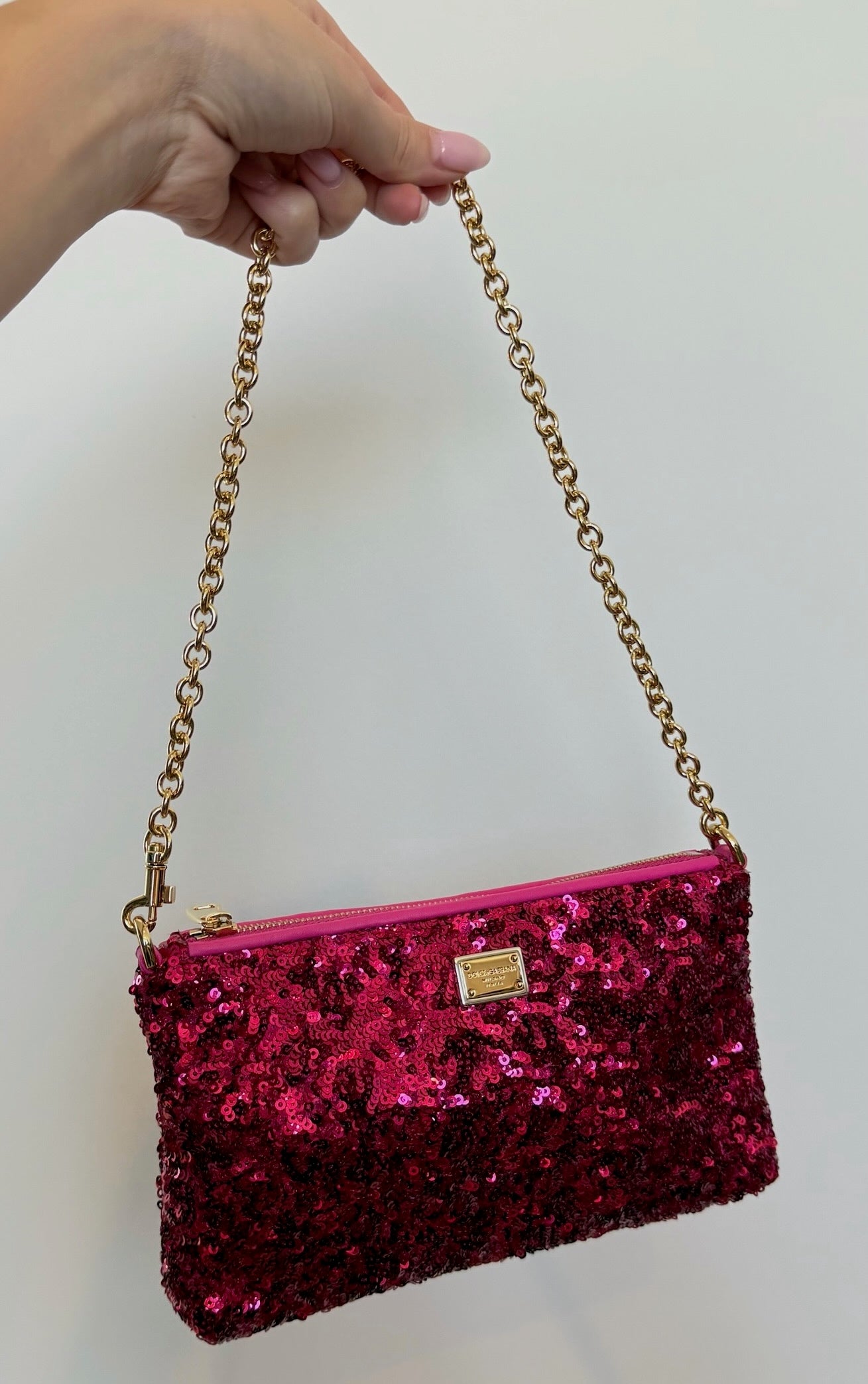 Dolce & Gabbana Vintage Fuchsia Sequin Gold Chain Small Pochette Shoulder Bag