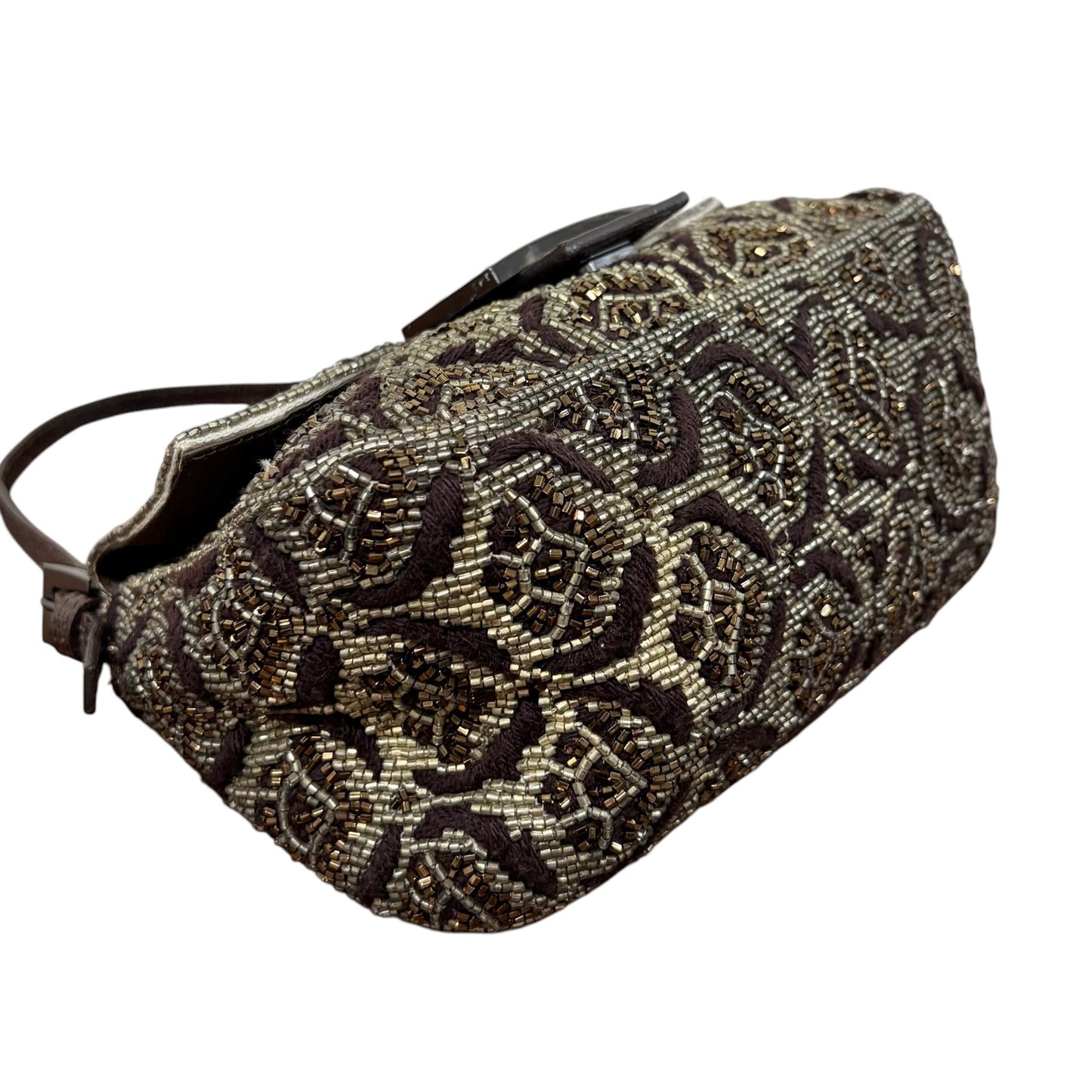 Fendi Vintage Brown Beaded Floral Embroidered Crystal Lizard Trim Mini Mamma Shoulder Baguette Bag