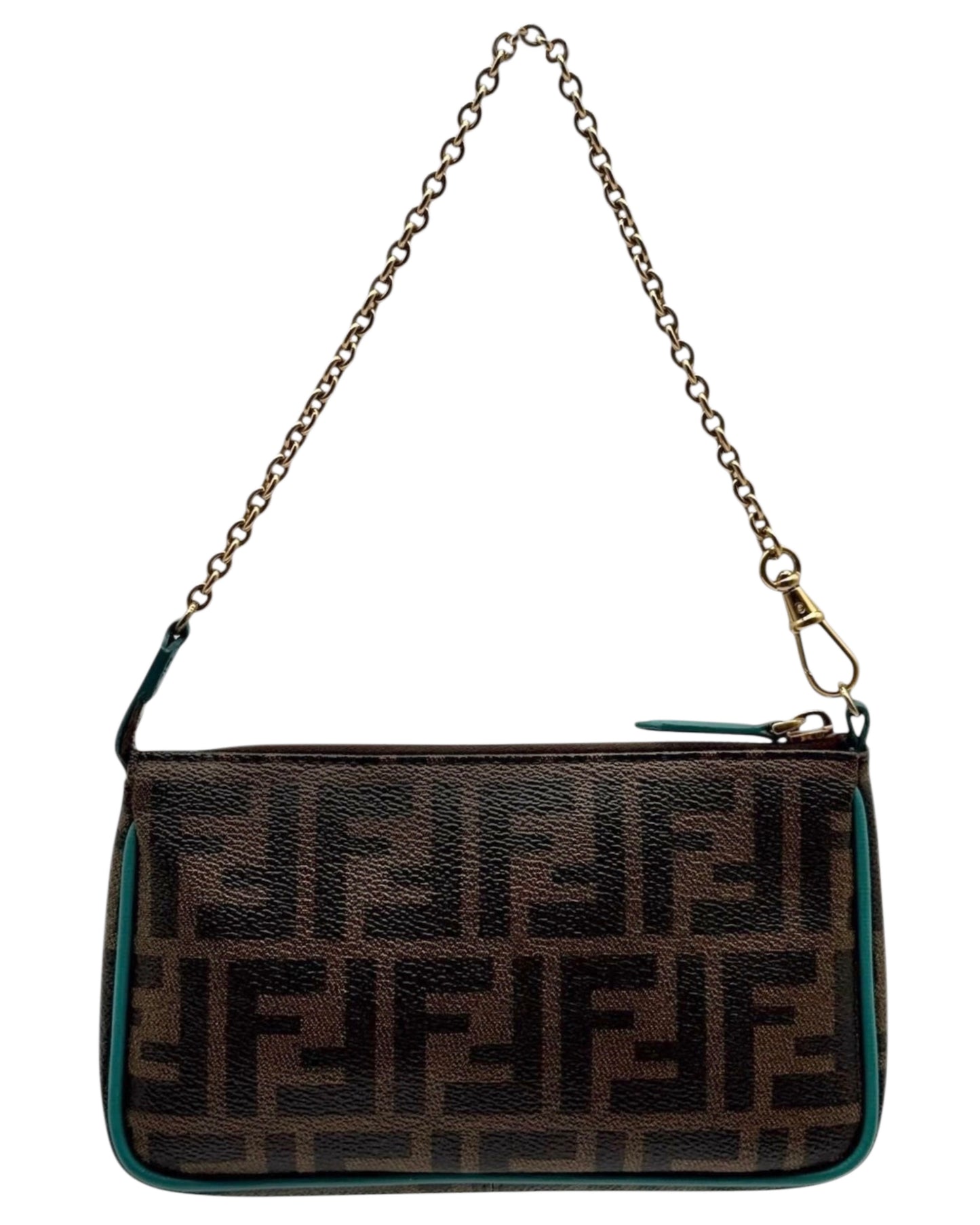 Fendi Vintage Brown Zucca Monogram Turquoise Trim Mini Pochette Chain Bag