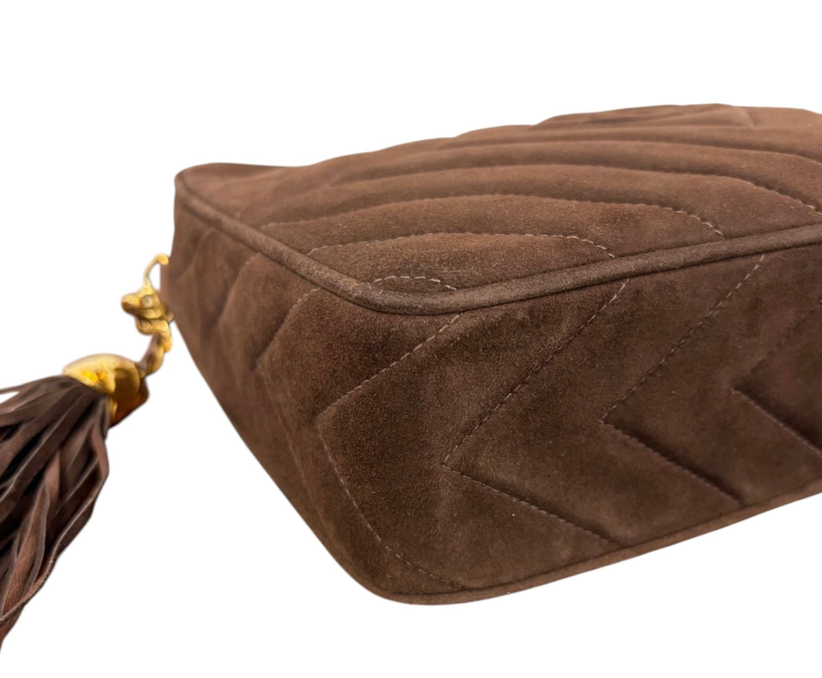 Chanel Vintage 90s Brown Suede Diamond Quilted Camera Bag with Tassel with 24K GPHW