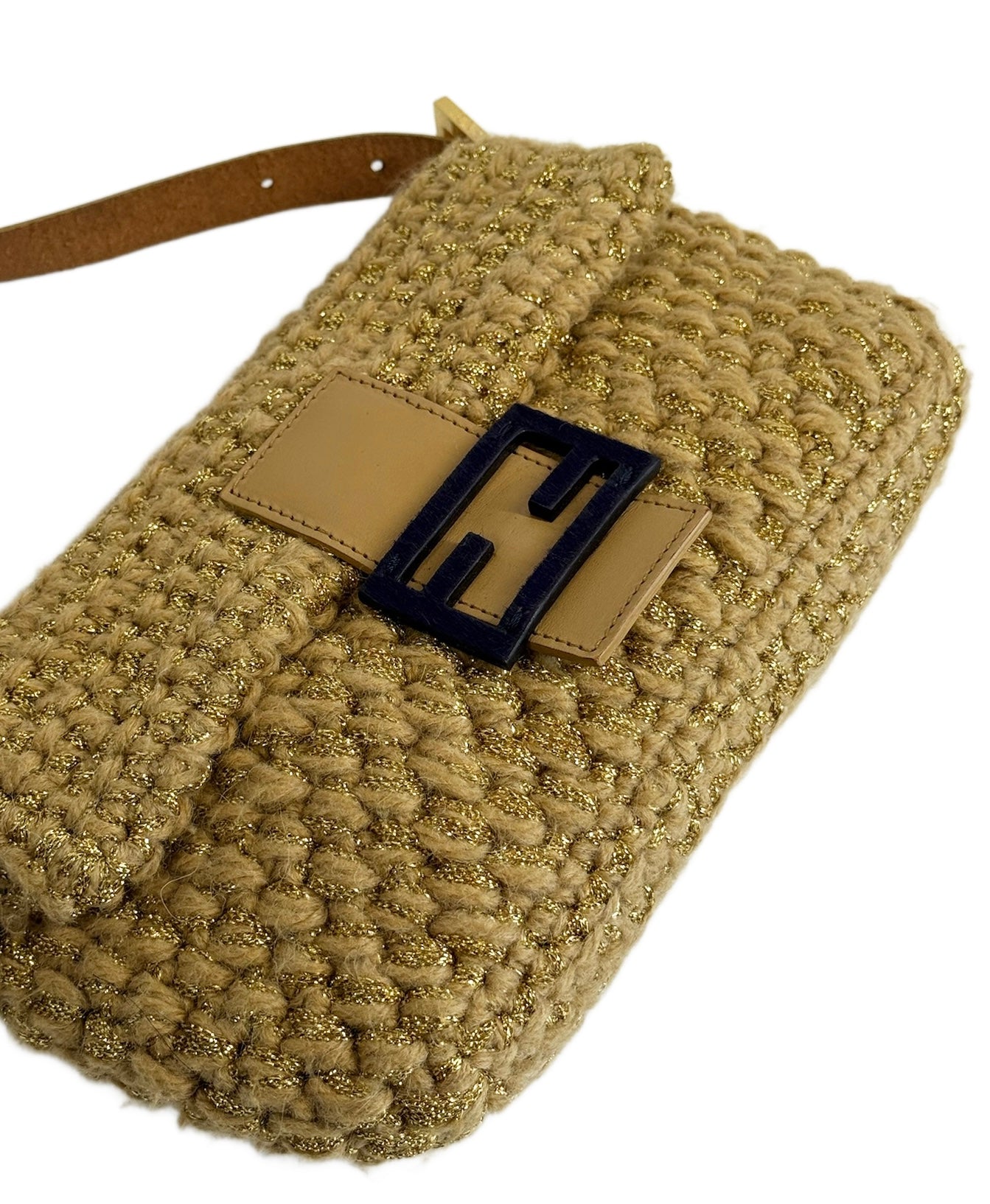Fendi Vintage Metallic Gold Woven Wool Knit Shoulder Baguette Bag w Purple Pony Hair Logo