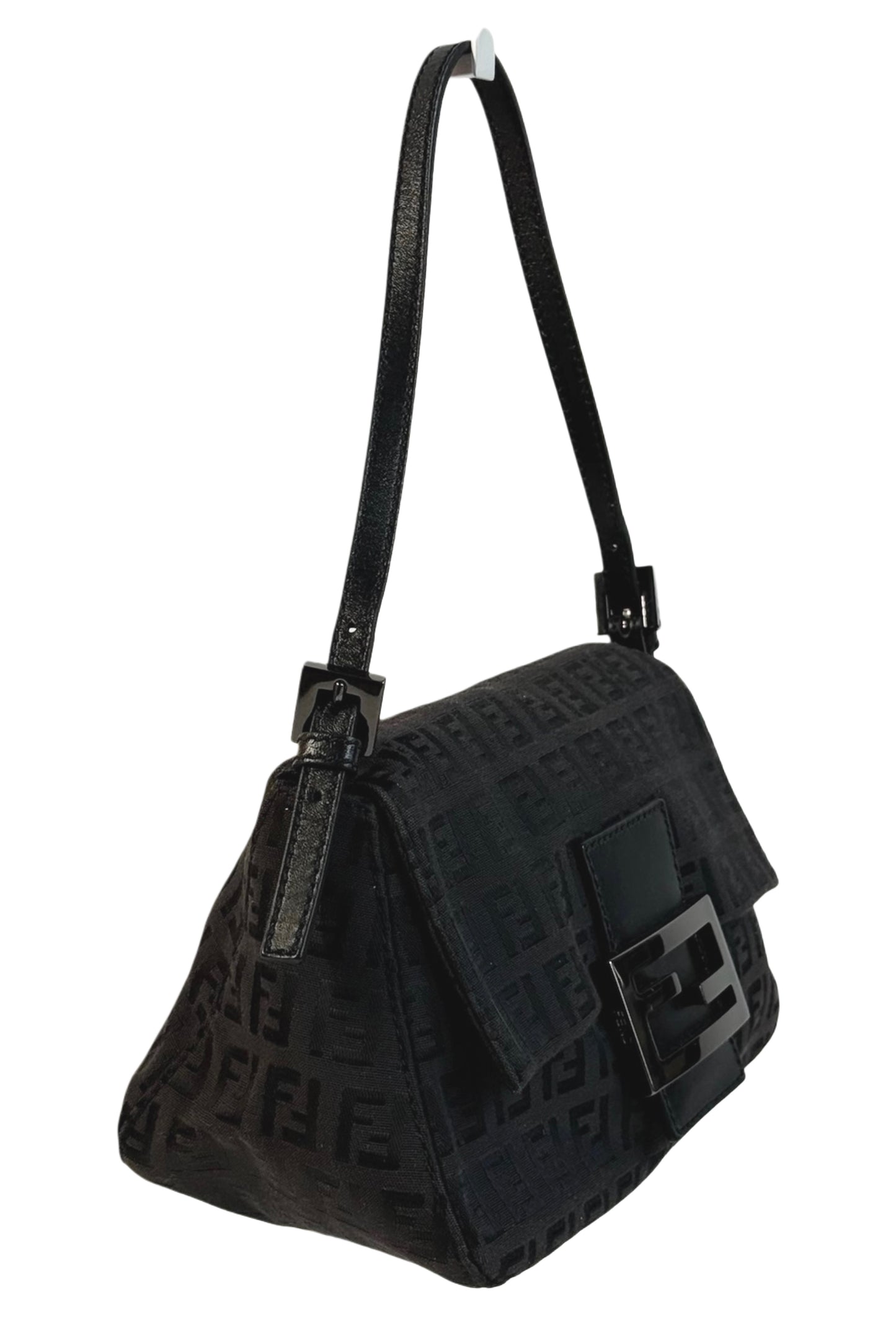 Fendi Vintage Black Zucchino Zucca Monogram Mini Mamma Shoulder Baguette Bag