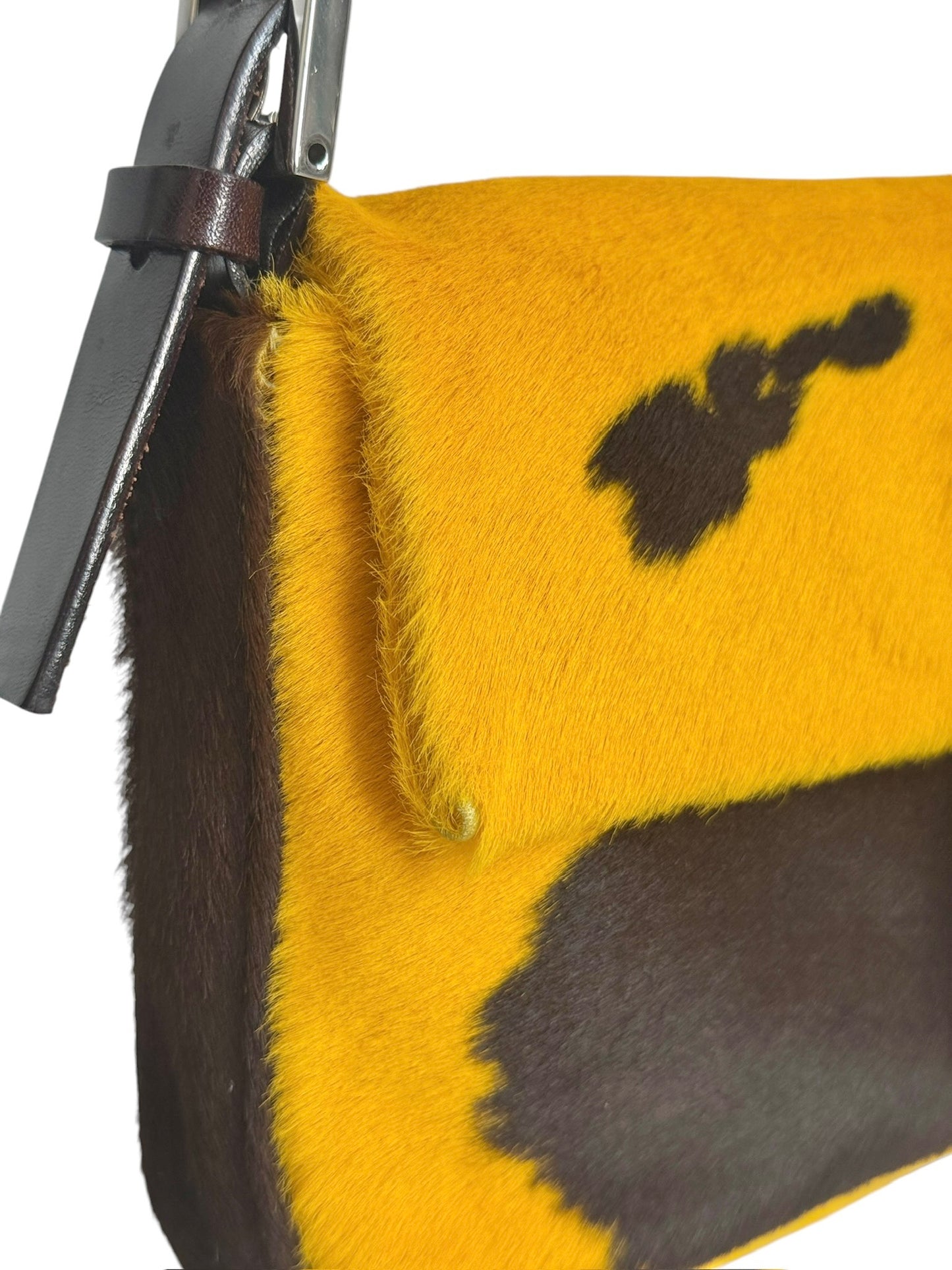 Fendi Vintage Yellow Cow Print Pony Hair Shoulder Baguette Bag