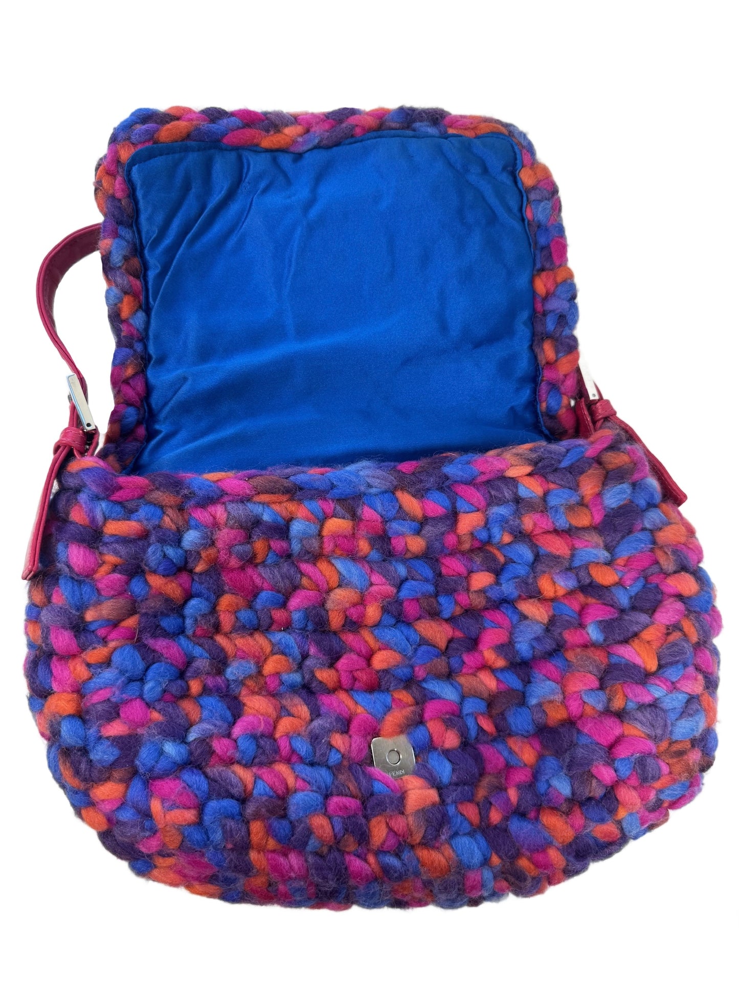 Fendi Vintage Fuchsia Pink Purple  Multicolor Braided Wool Mamma Baguette Baguette Bag
