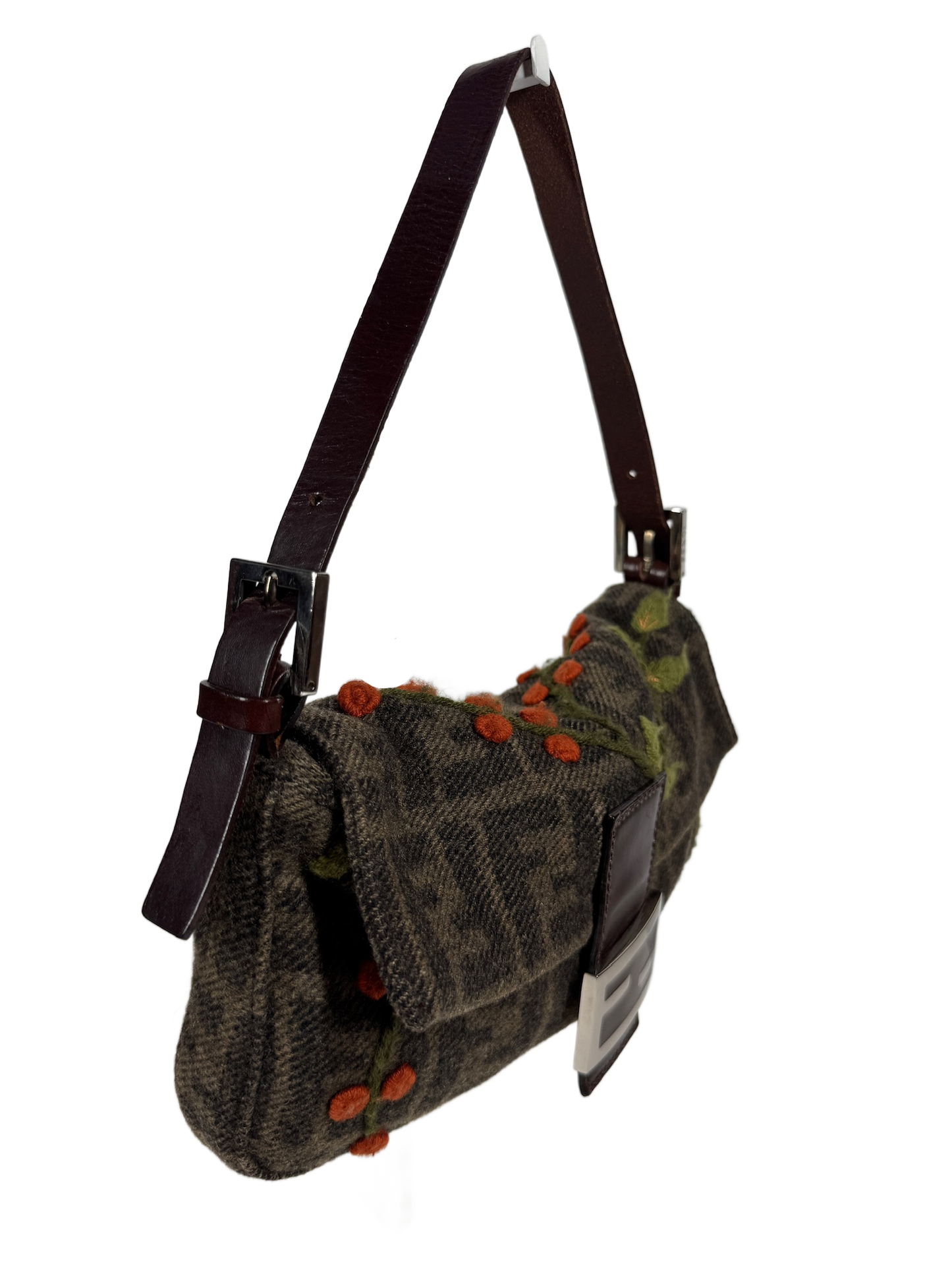Fendi Vintage Brown Wool Zucca Monogram Cherry Embroidered Shoulder Baguette Bag