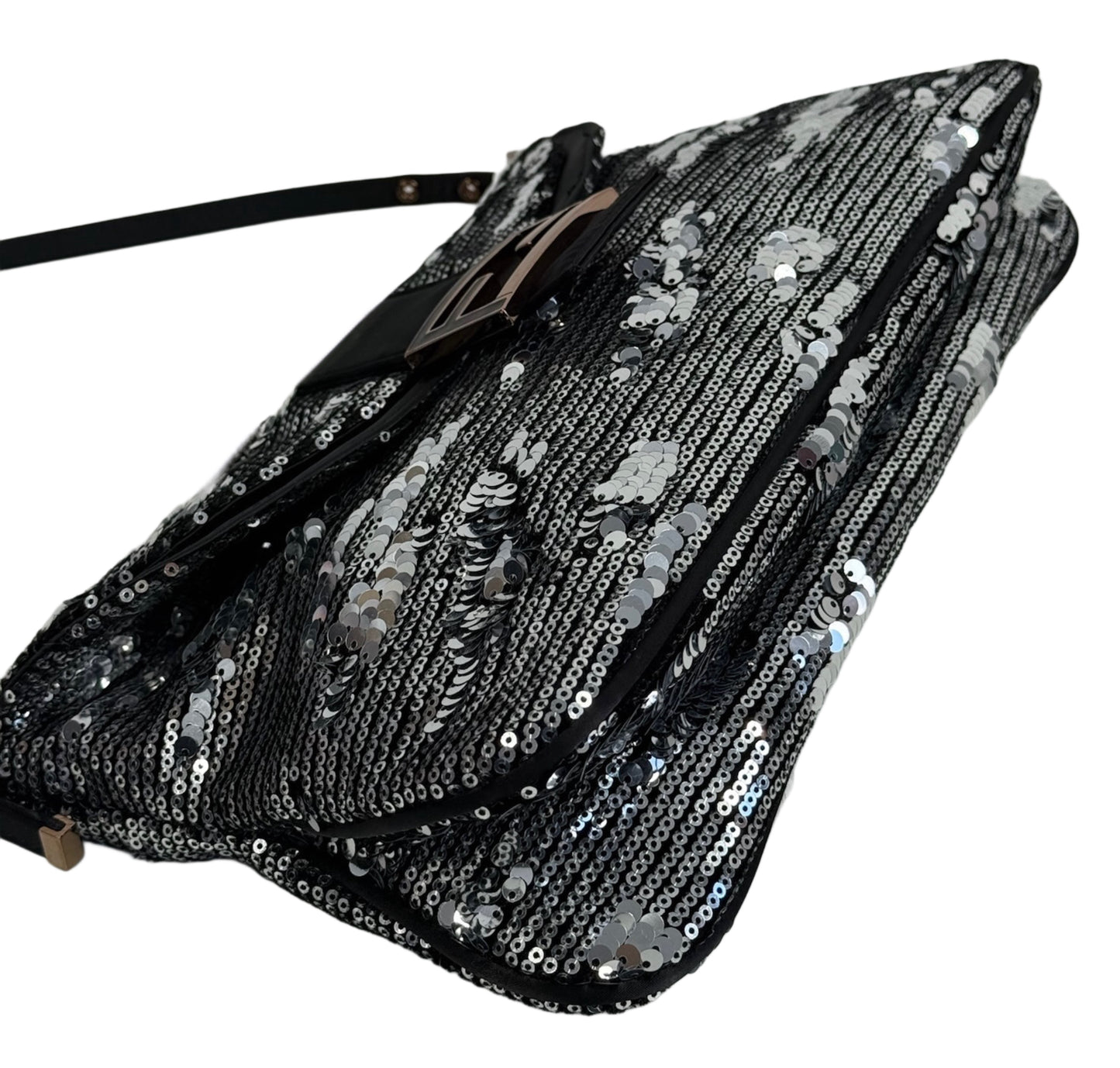 Fendi Vintage Silver Sequin Black Satin Trim Double Flap Baguette w Rose Gold Hardware