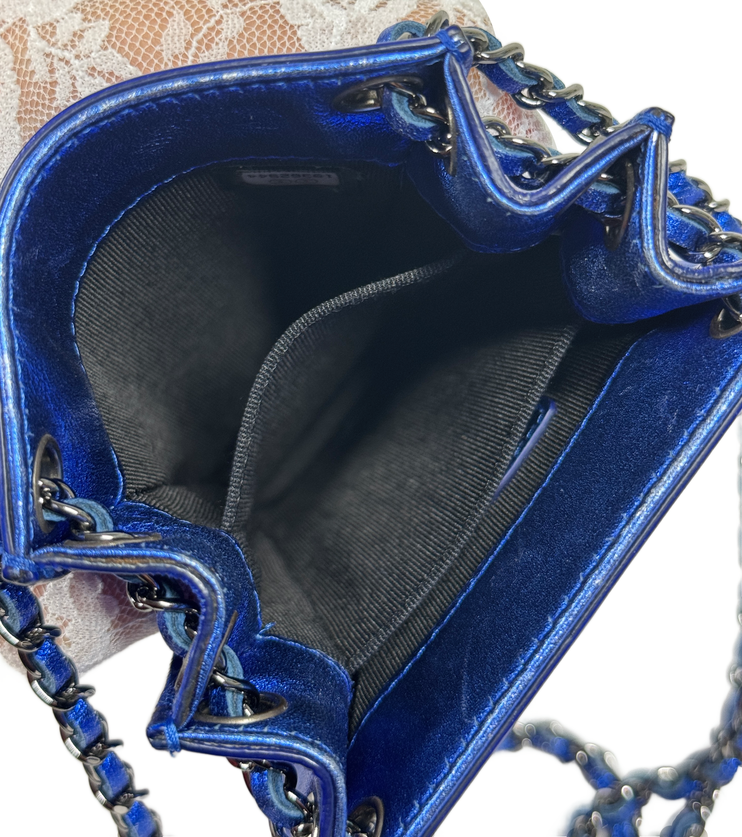 Chanel 2014 Cobalt Blue Metallic Patent Leather Phone Holder Shoulder Crossbody Bag