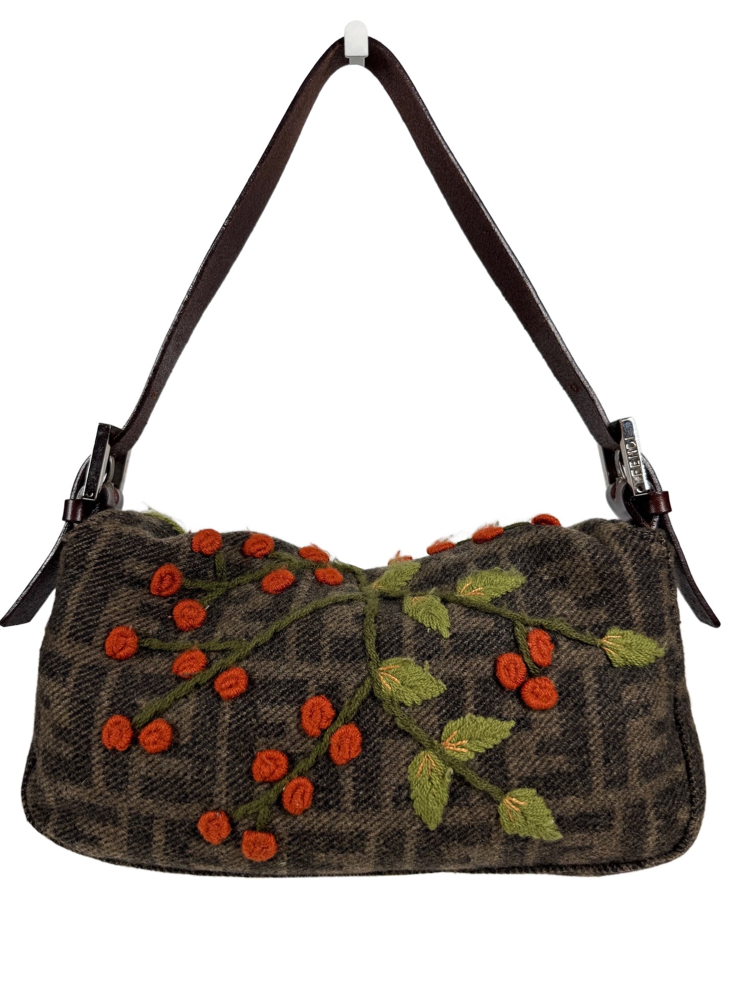 Fendi Vintage Brown Wool Zucca Monogram Cherry Embroidered Shoulder Baguette Bag