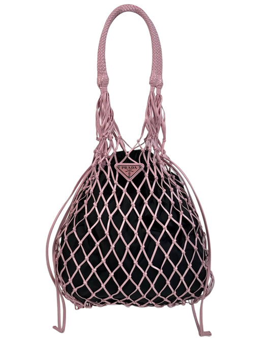 Prada Pink Mesh Woven Fishnet Leather Black Nylon Small Shoulder Hobo Bag
