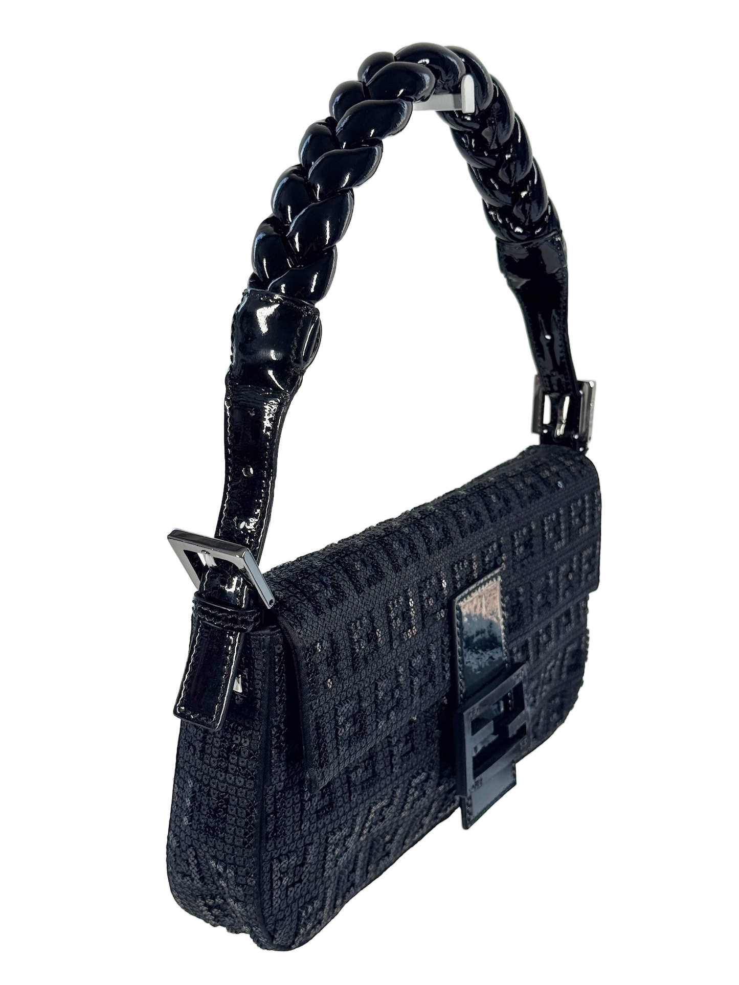 Fendi Black Patent Leather Zucca Monogram Sequin Shoulder Baguette Bag