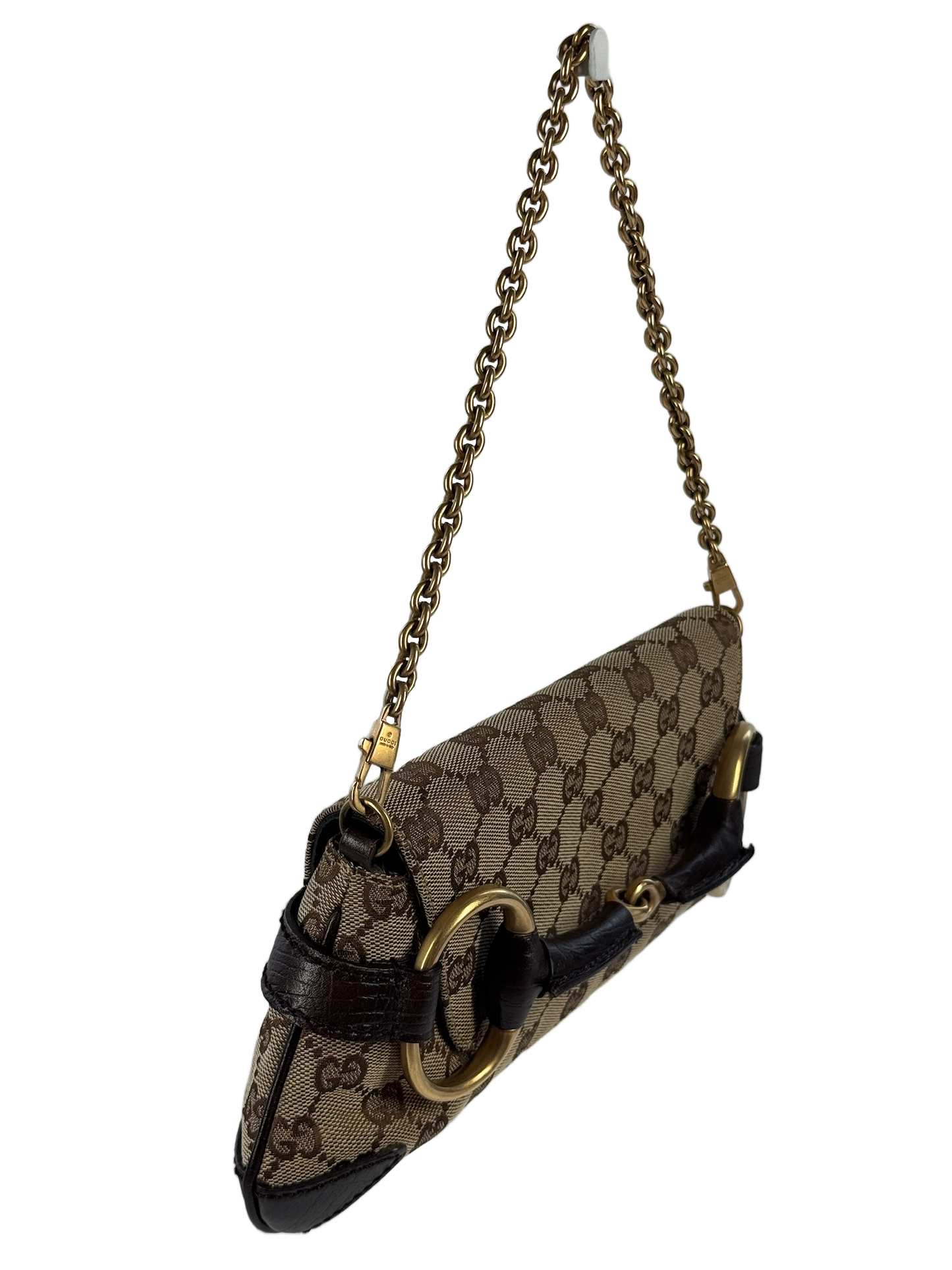 Gucci Vintage Brown GG Monogram Horsebit Small Chain Shoulder Clutch Bag