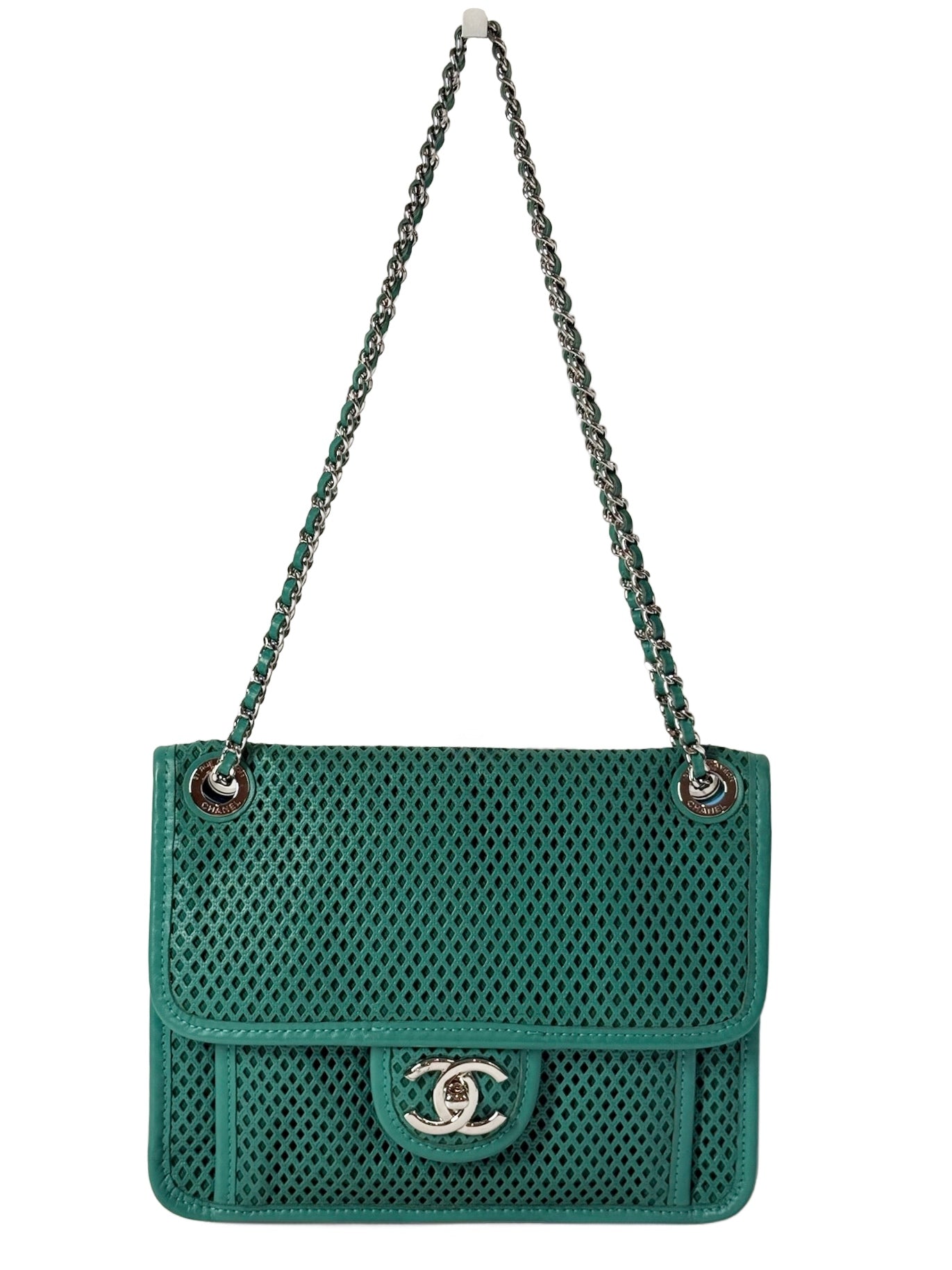 Chanel Turquoise Perforated Leather Square Flap Bag