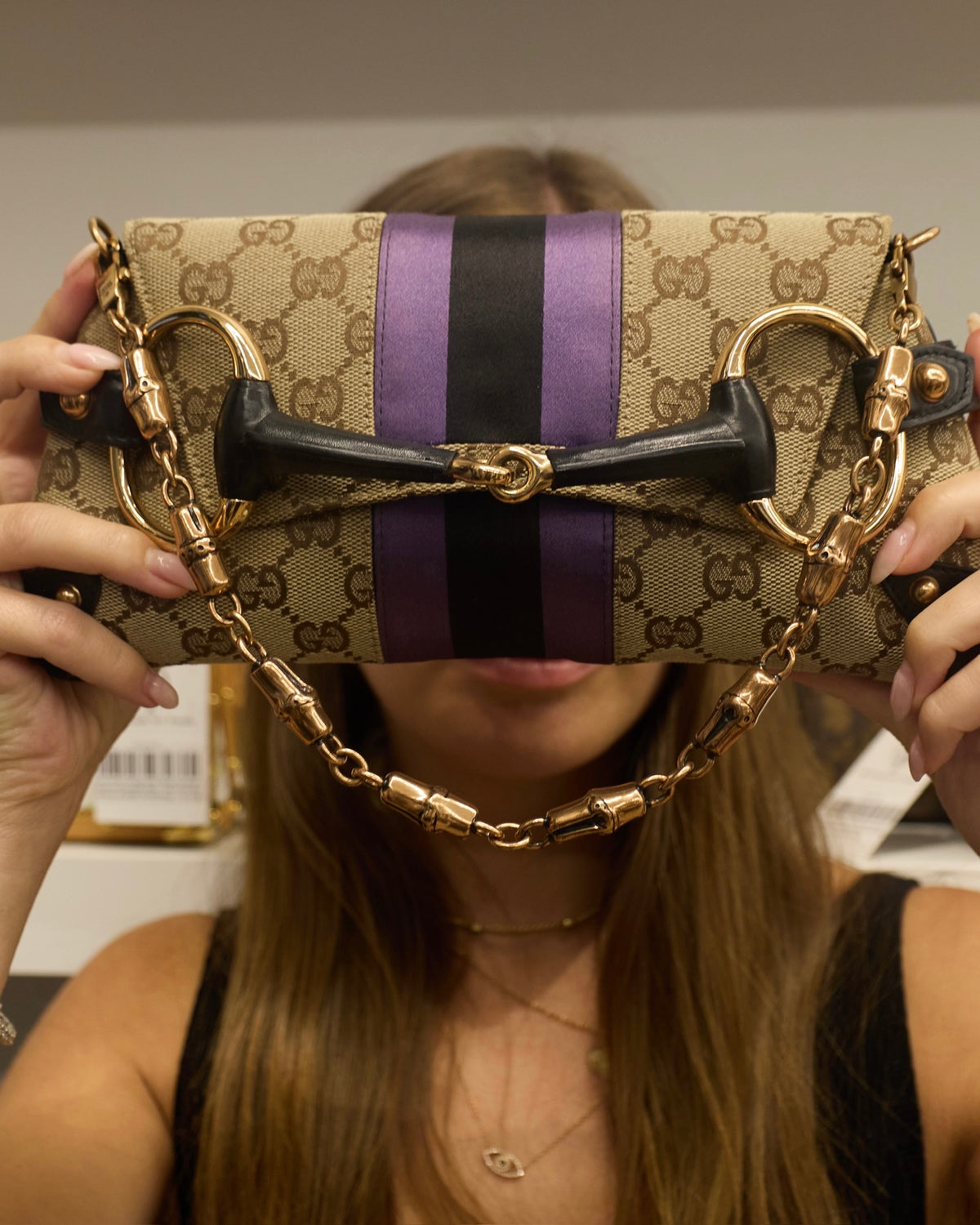 Gucci Vintage Brown GG Monogram Horsebit Purple & Black Satin Striped Rose Gold Bamboo Chain Small Shoulder Clutch Bag