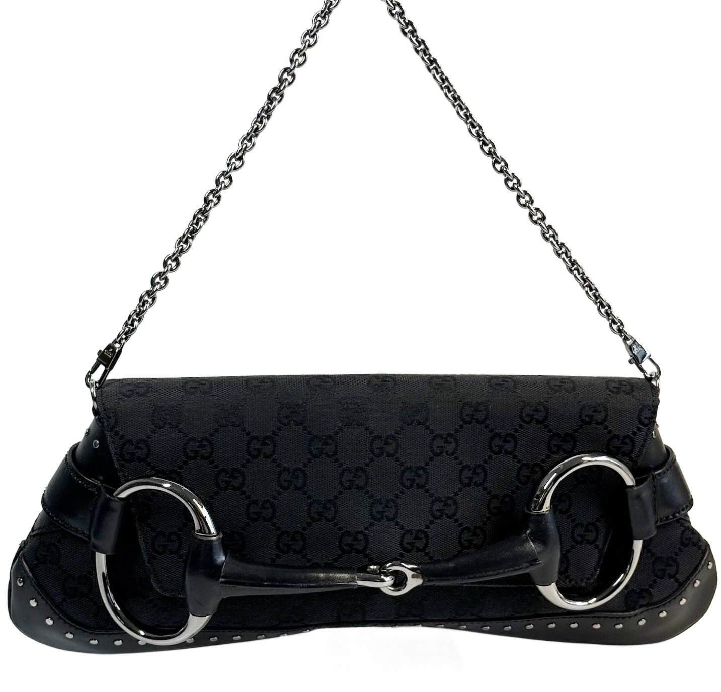 Gucci Vintage Black GG Monogram Large Horsebit Shoulder Clutch Pochette Bag