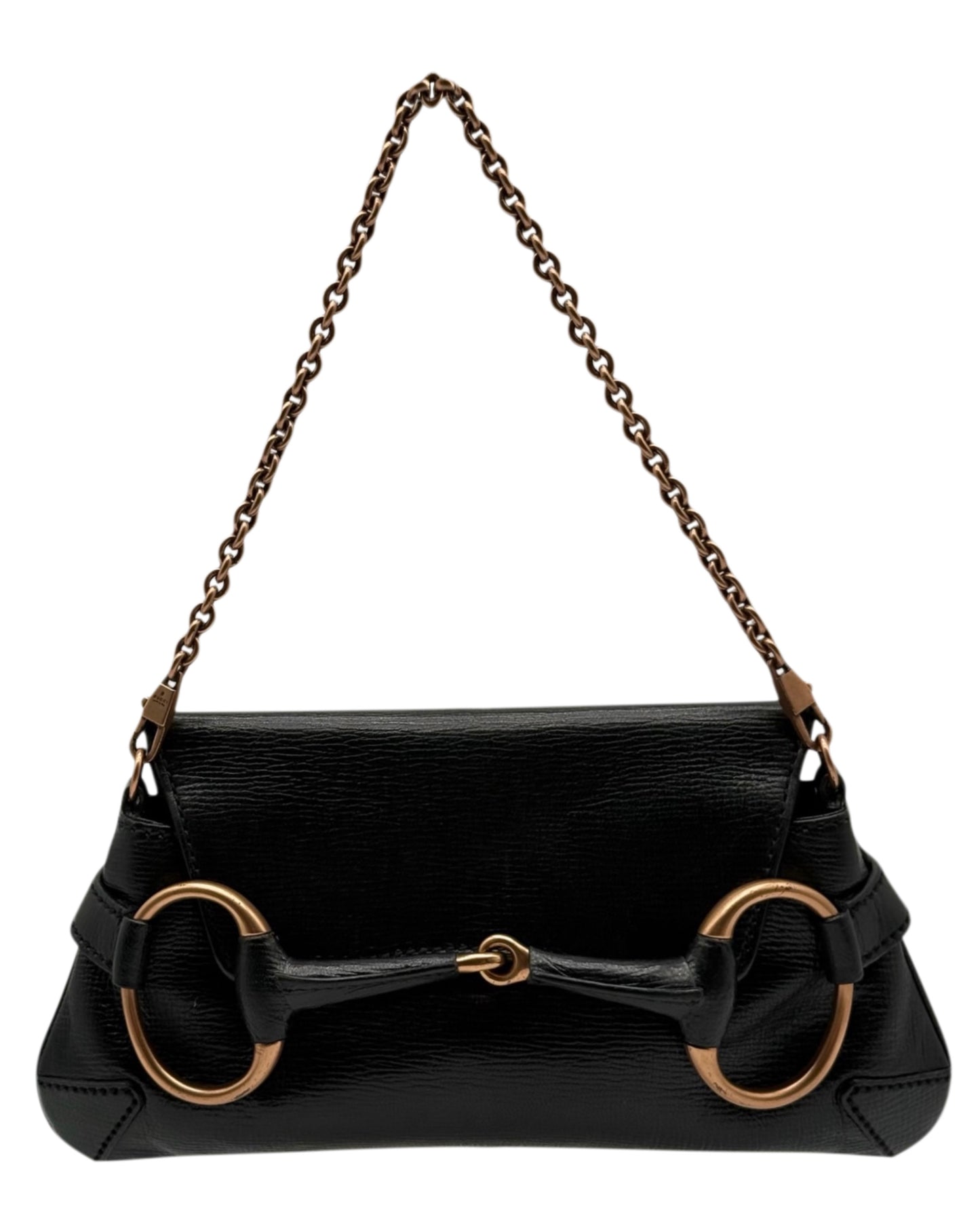 Gucci Vintage Black Leather Small Horsebit Shoulder Clutch Bag