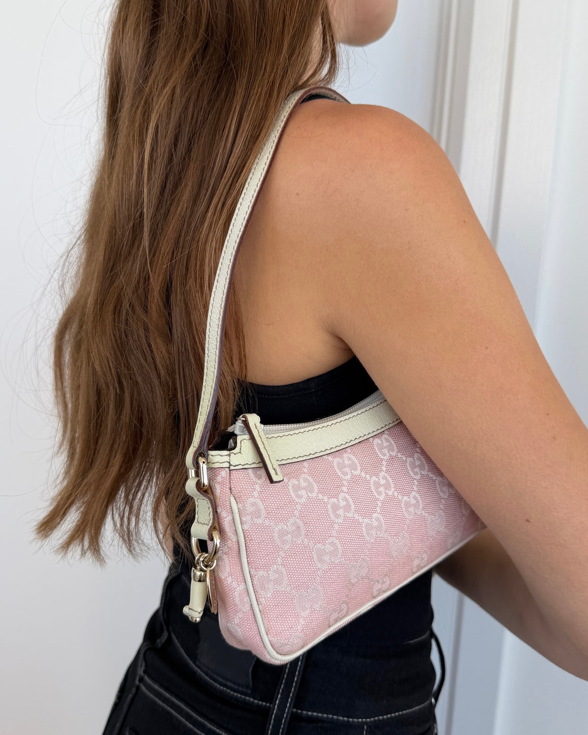 Gucci Vintage Pink GG Monogram White Leather Trim Mini Charmy Shoulder Pochette Bag