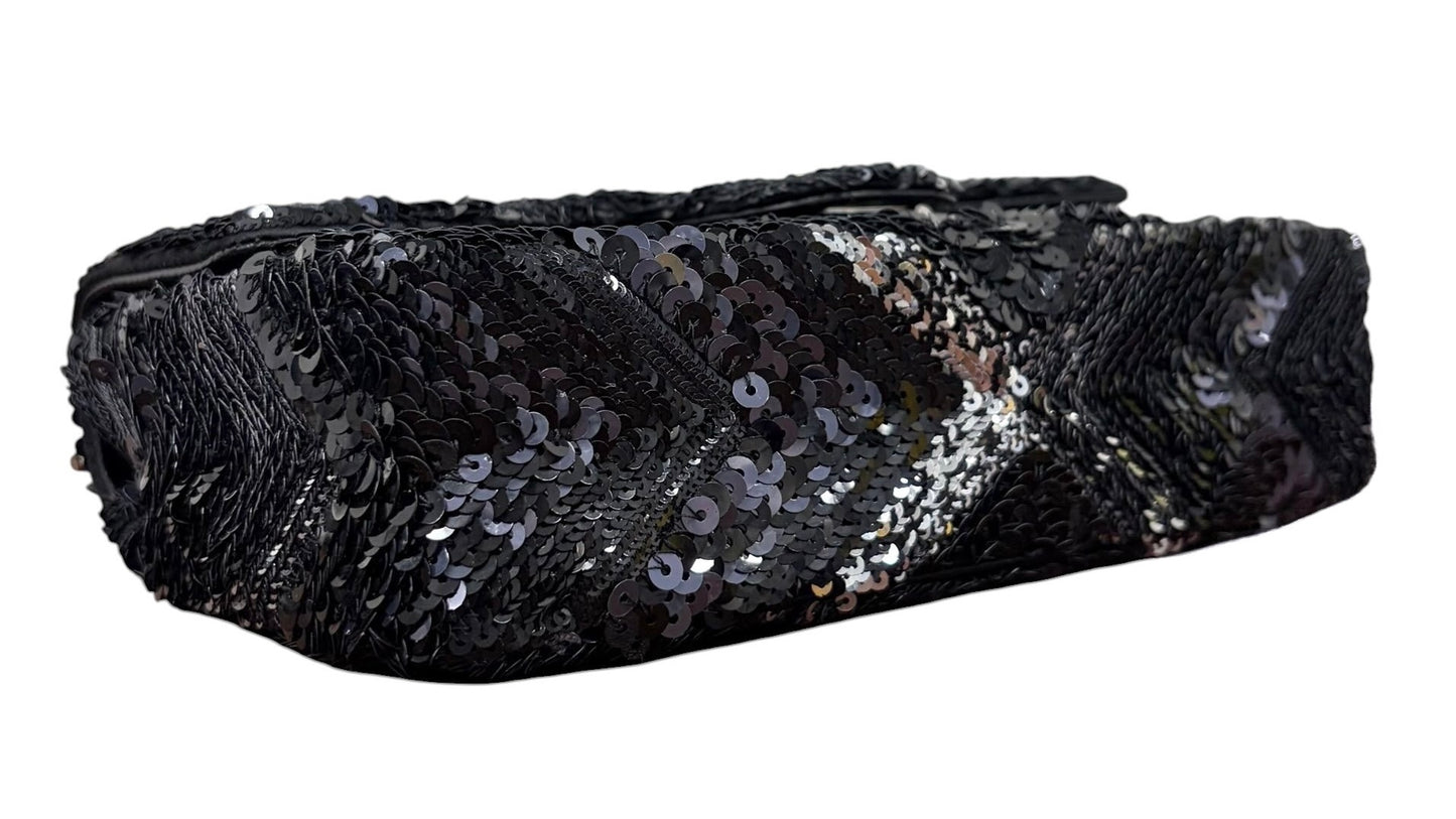 Chanel 2016 Black & Navy Blue Chevron Sequin Mini Rectangular Shoulder Flap Bag