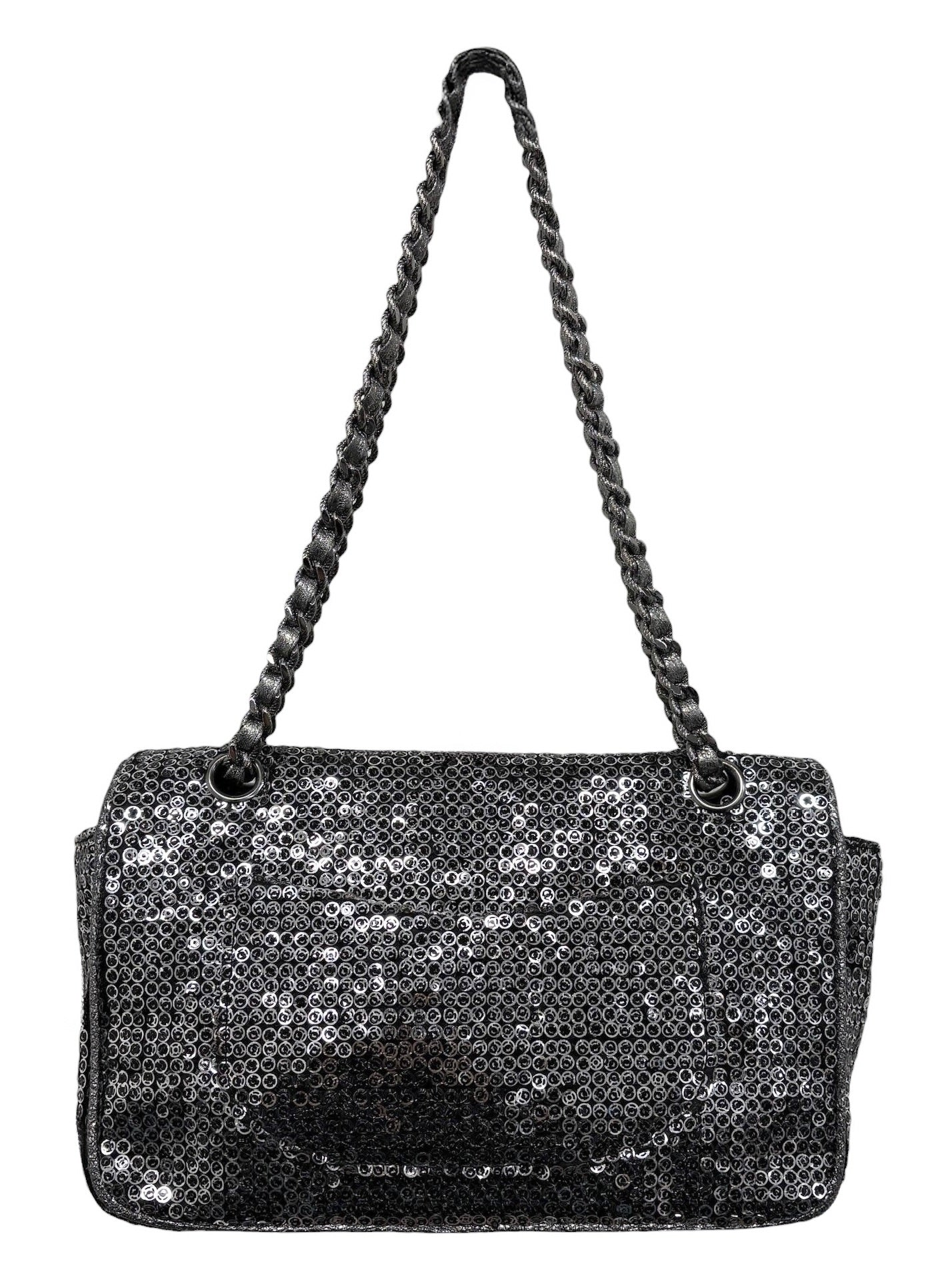 Chanel Vintage 00s Pewter Silver Sequin Medium Classic Single Flap Shoulder Bag