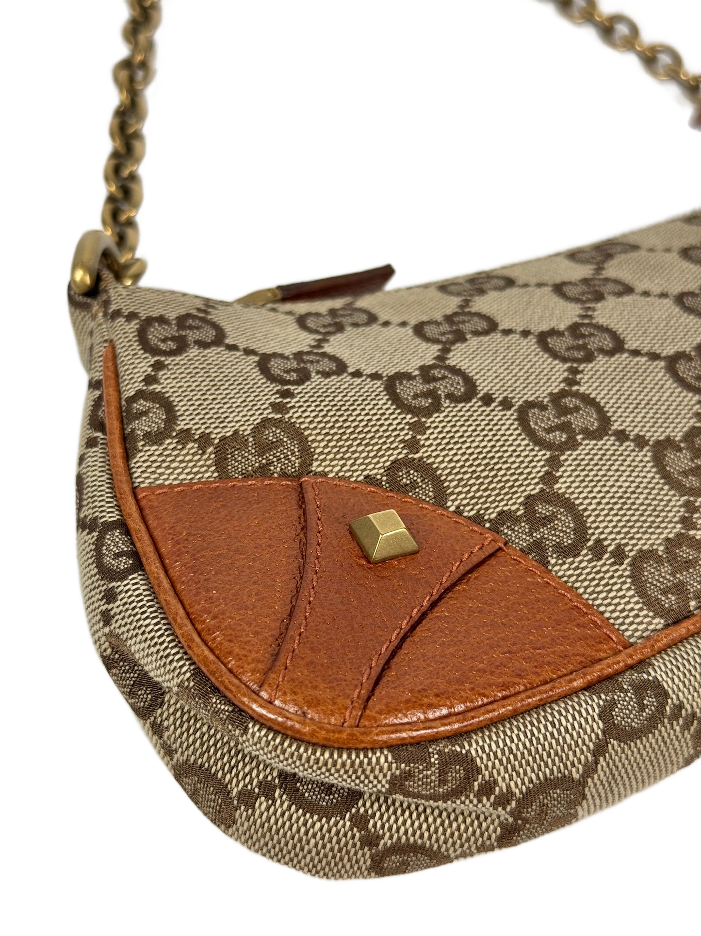 Gucci Vintage Brown GG Monogram Canvas Orange Leather Trim Chain Link Studded Shoulder Pochette Bag