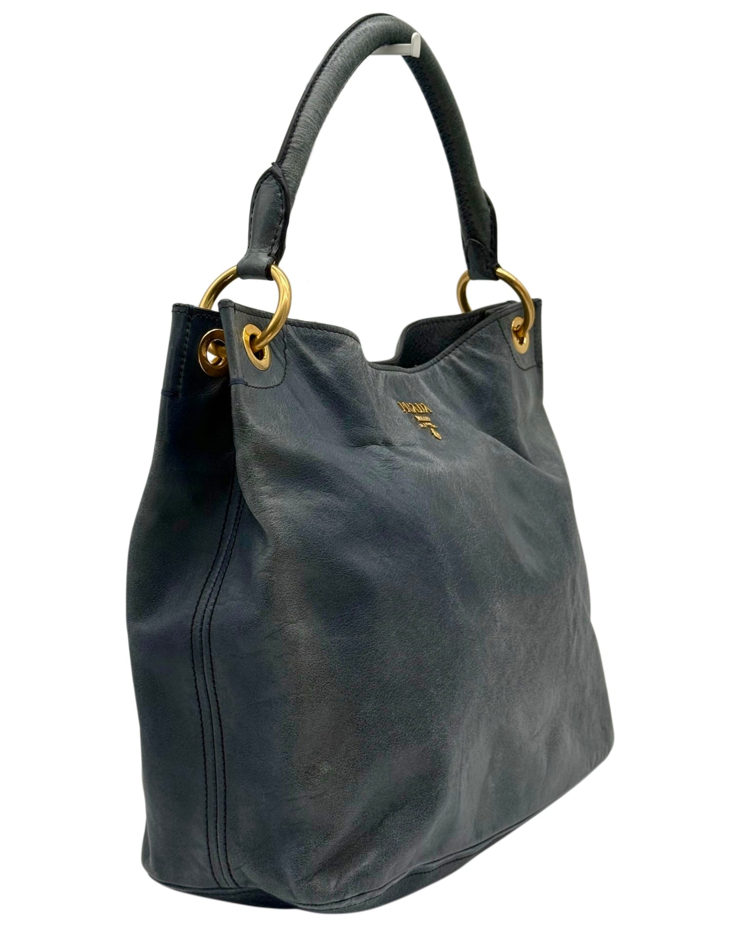 Prada Vintage Distressed Blue Crinkled Calfskin Leather Medium Hobo Shoulder Tote Bag