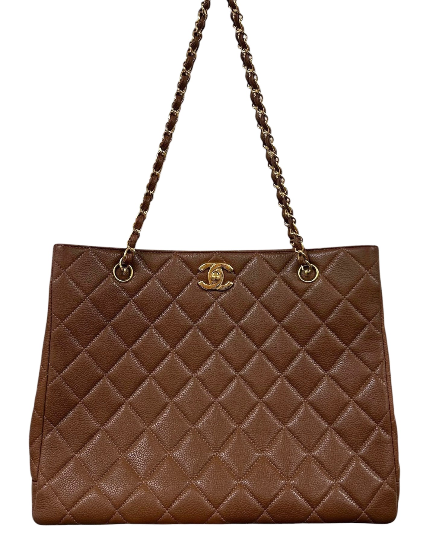 Chanel Vintage 90s Light Brown Quilted Caviar Classic Turnlock Shoulder Tote Bag with 24K Gold Plated Hardware