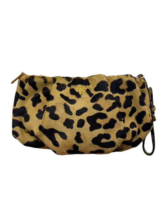 Prada Vintage Beige Leopard Print Pony Hair Wristlet Clutch & Evening Bag
