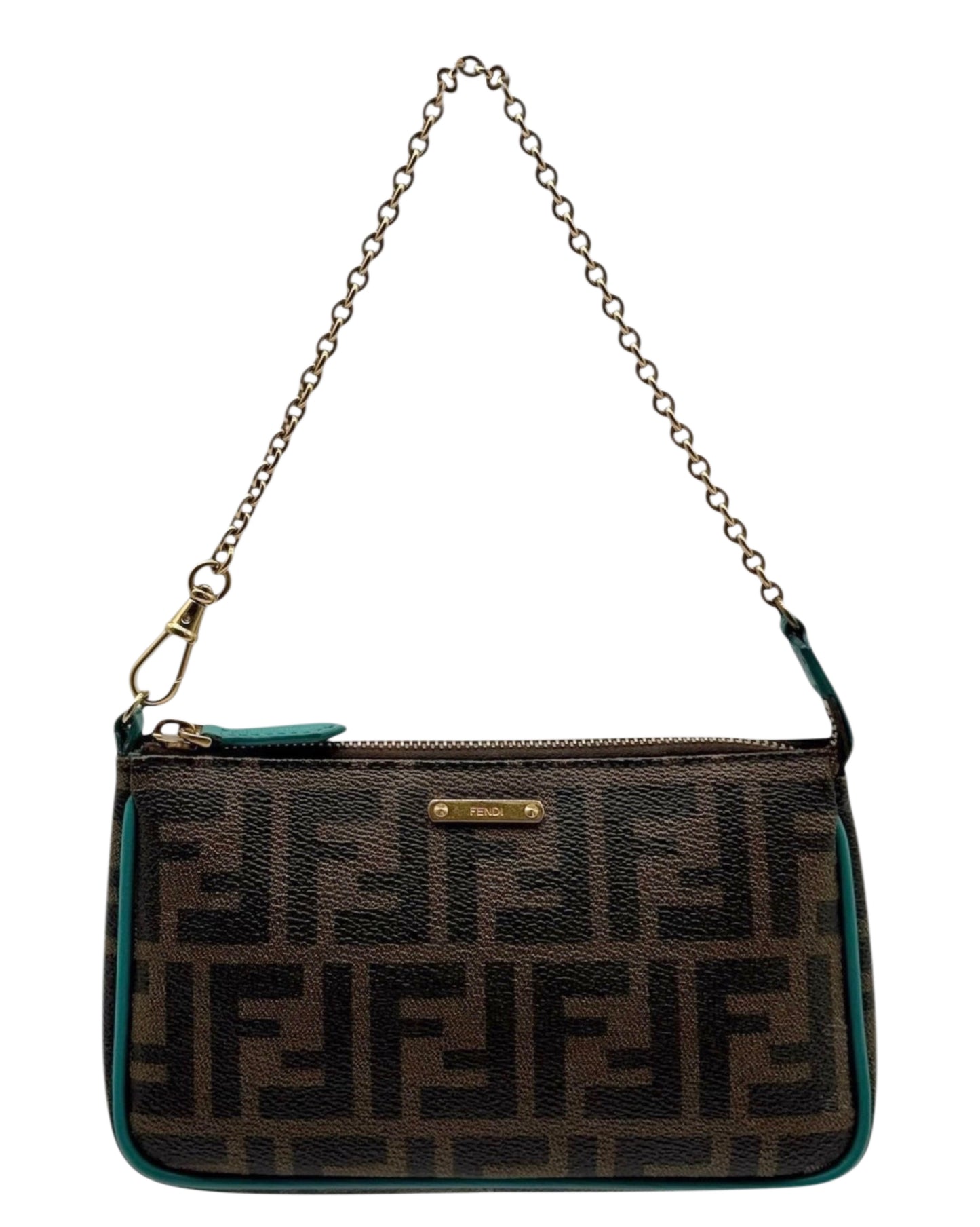 Fendi Vintage Brown Zucca Monogram Turquoise Trim Mini Pochette Chain Bag