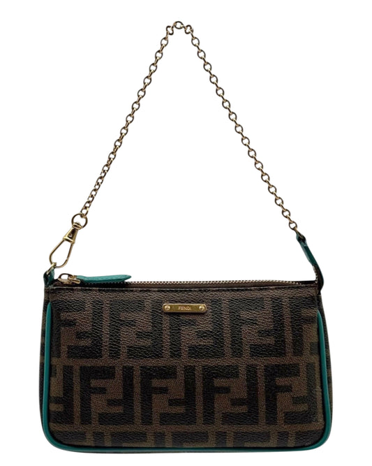 Fendi Vintage Brown Zucca Monogram Turquoise Trim Mini Pochette Chain Bag
