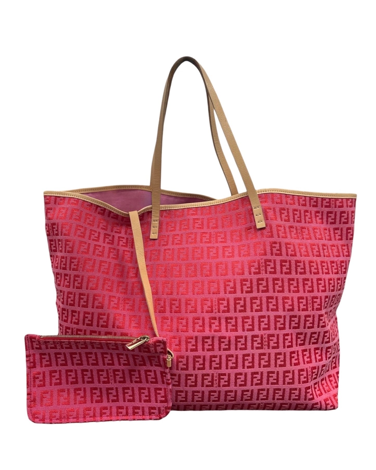 Fendi Vintage Hot Pink & Red Zucchino Zucca Monogram Large Tote Bag with Pouch