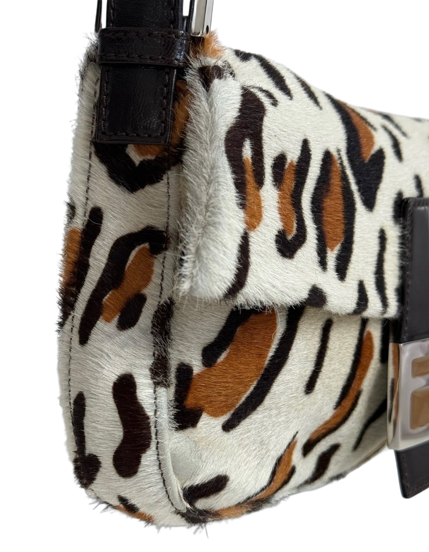 Fendi Vintage White & Brown Leopard Print Pony Hair Shoulder Baguette Bag