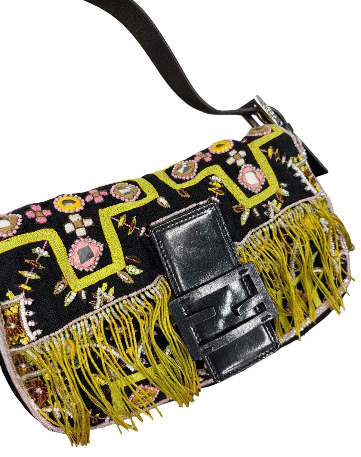 Fendi Vintage Late 90s Black Knit Embroidered Pink Beaded Green Fringe Embellished Shoulder Baguette Bag