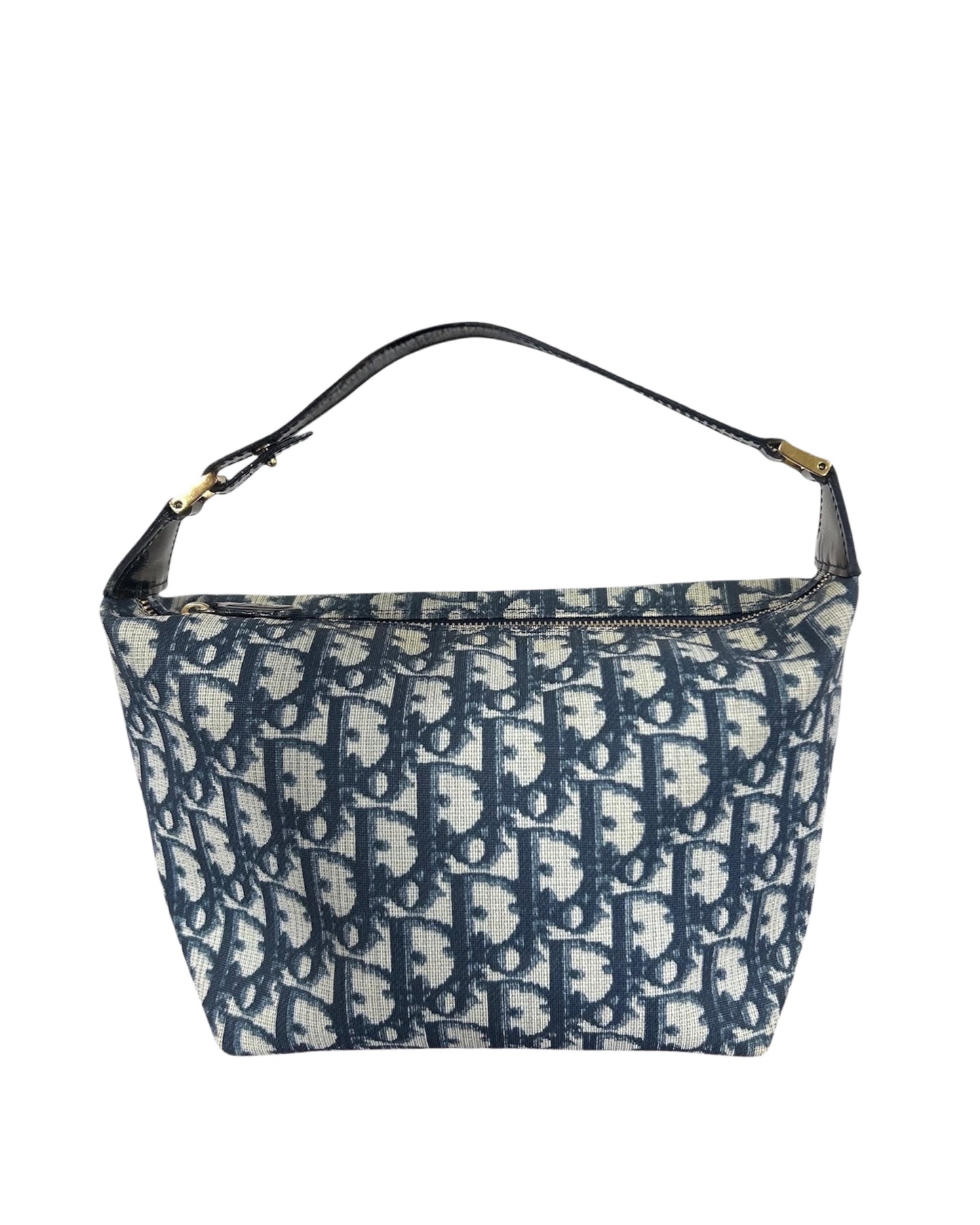 Dior Vintage 2002 Blue & White Trotter Monogram Canvas Small Cosmetic Pouch Handle Pochette Bag