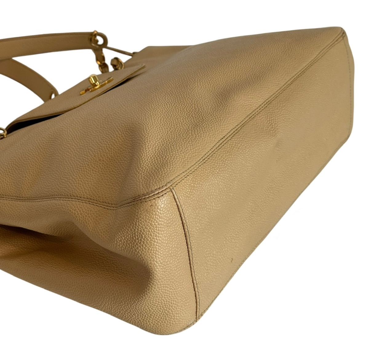 Chanel Vintage 1996-1997 Beige Caviar CC Turnlock Small Shoulder Tote Bag with 24K GPHW