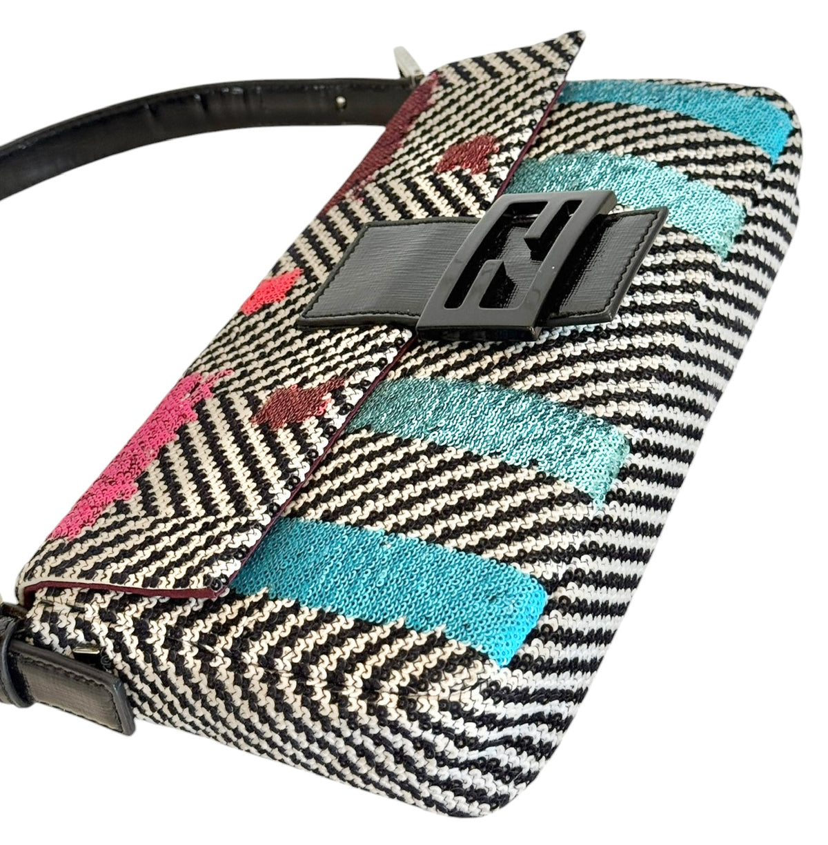 Fendi Black & White Velour Chevron Sequin Multi-color Shoulder Baguette Bag with Black Patent Leather Trim