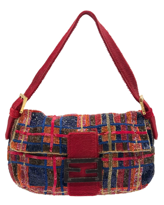 Fendi Vintage Fuchsia Multicolor Beaded Sequin Plaid Pony Hair Trim Baguette Shoulder Bag