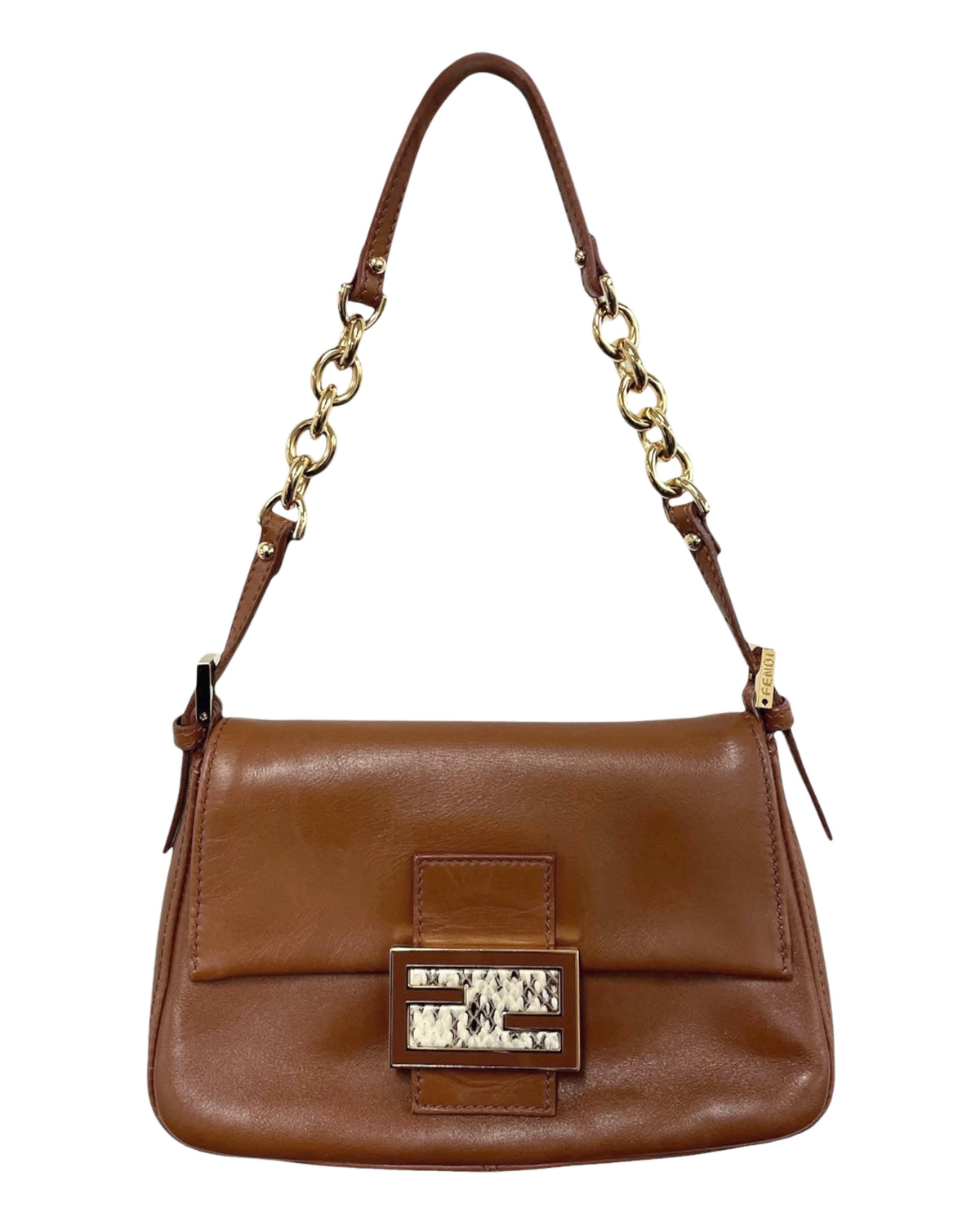 Fendi Vintage Cognac Brown Leather Snakeskin Logo Mini Mamma Shoulder Baguette Bag w Chain Strap