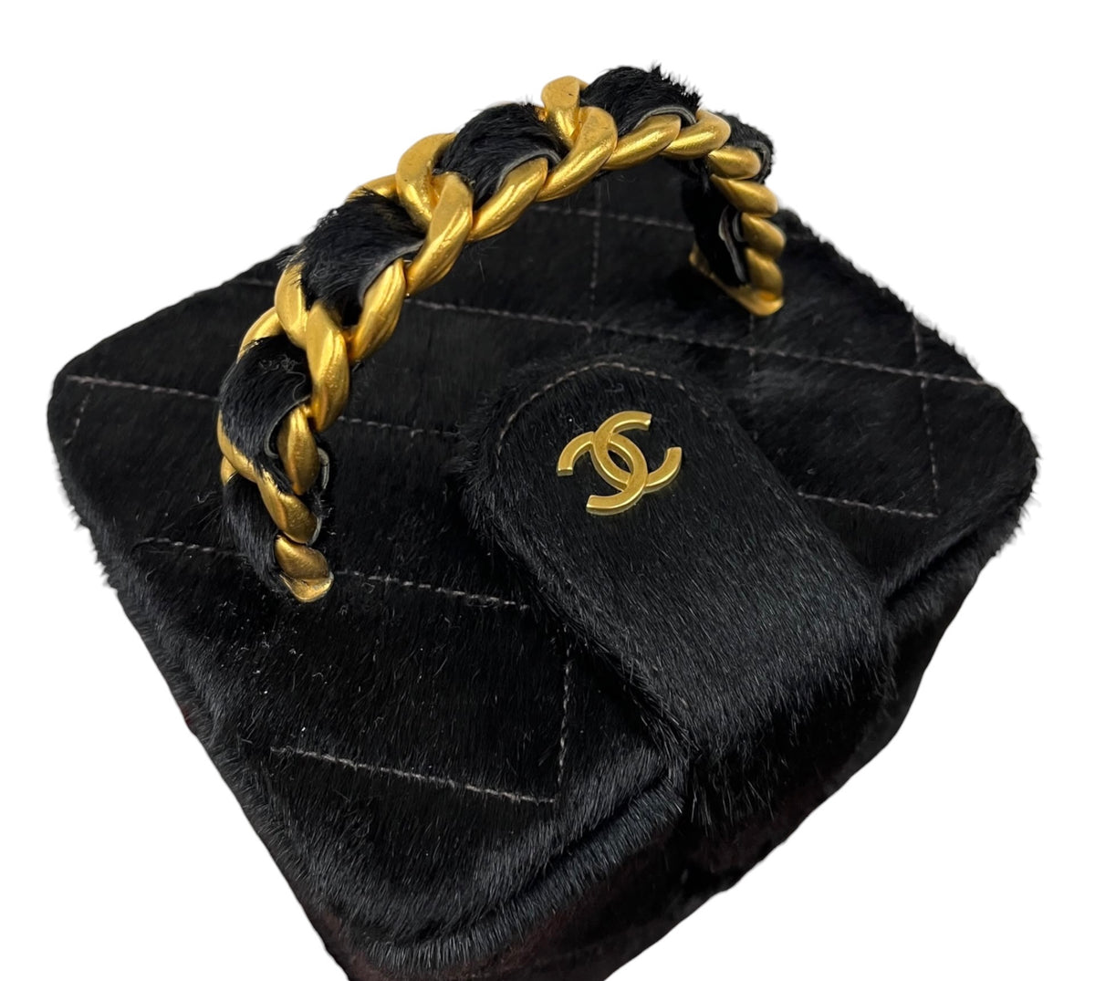 Chanel Vintage Early 90s Black Quilted Pony Hair Vanity Trunk Top Handle Clutch with AGHW