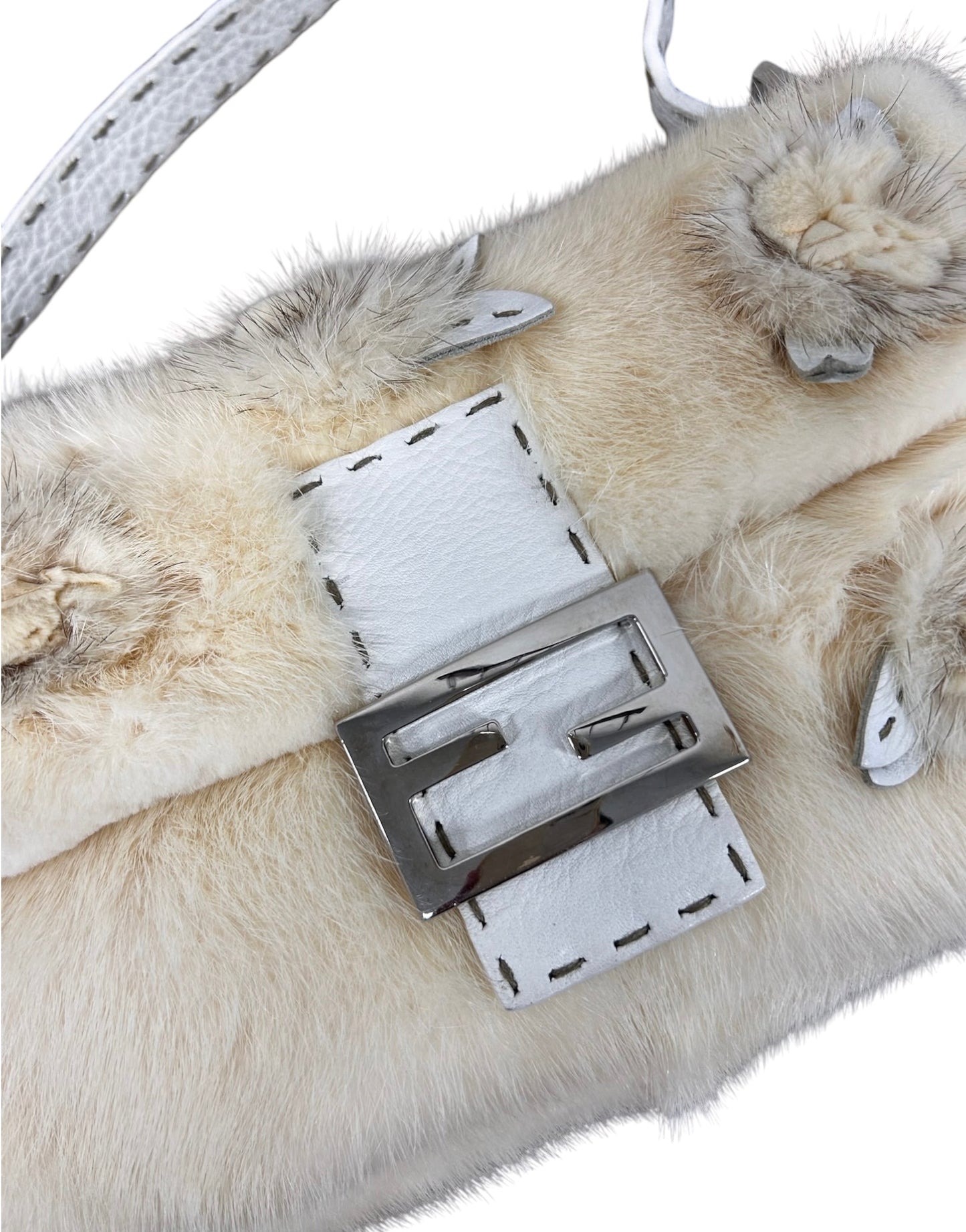 Fendi Vintage Ivory Rabbit Fur Selleria Leather Trim Shoulder Baguette Bag with Rose Details