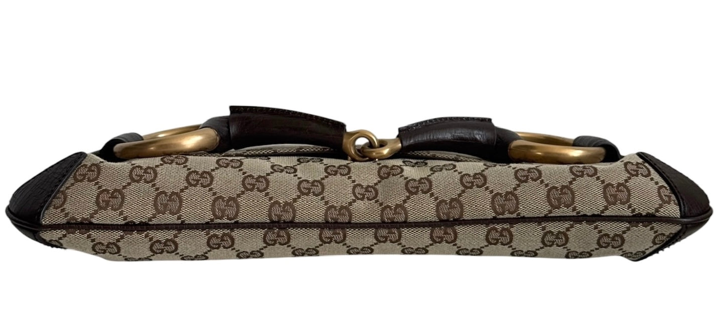 Gucci Vintage Brown GG Monogram Large Horsebit Shoulder Clutch Pochette Bag
