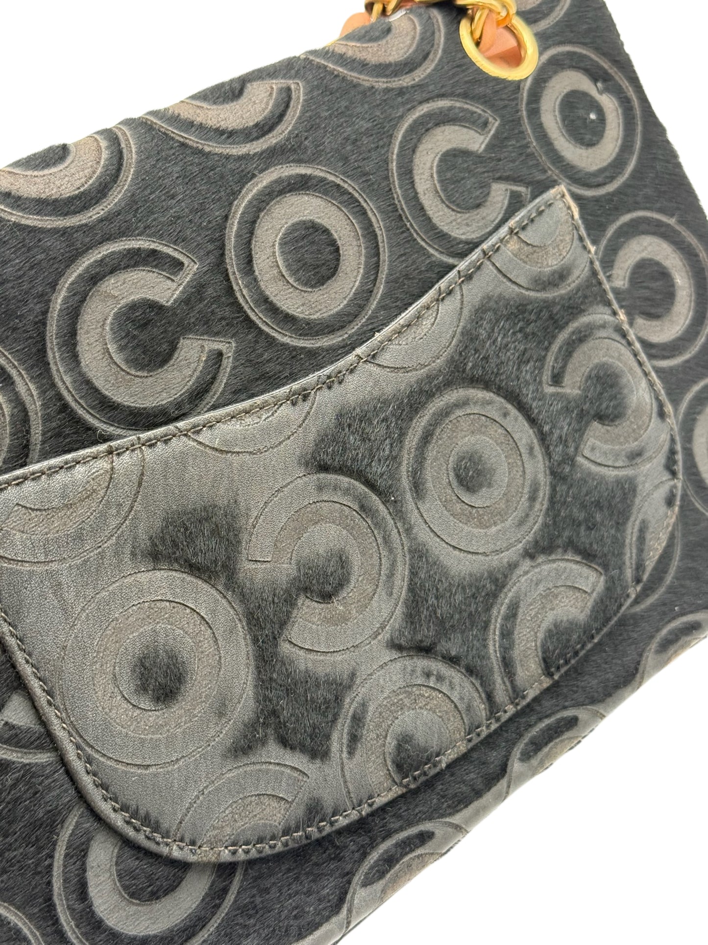 Chanel Vintage 00s Black Pony Hair Coco Embossed Logo Medium Classic Double Flap Bag