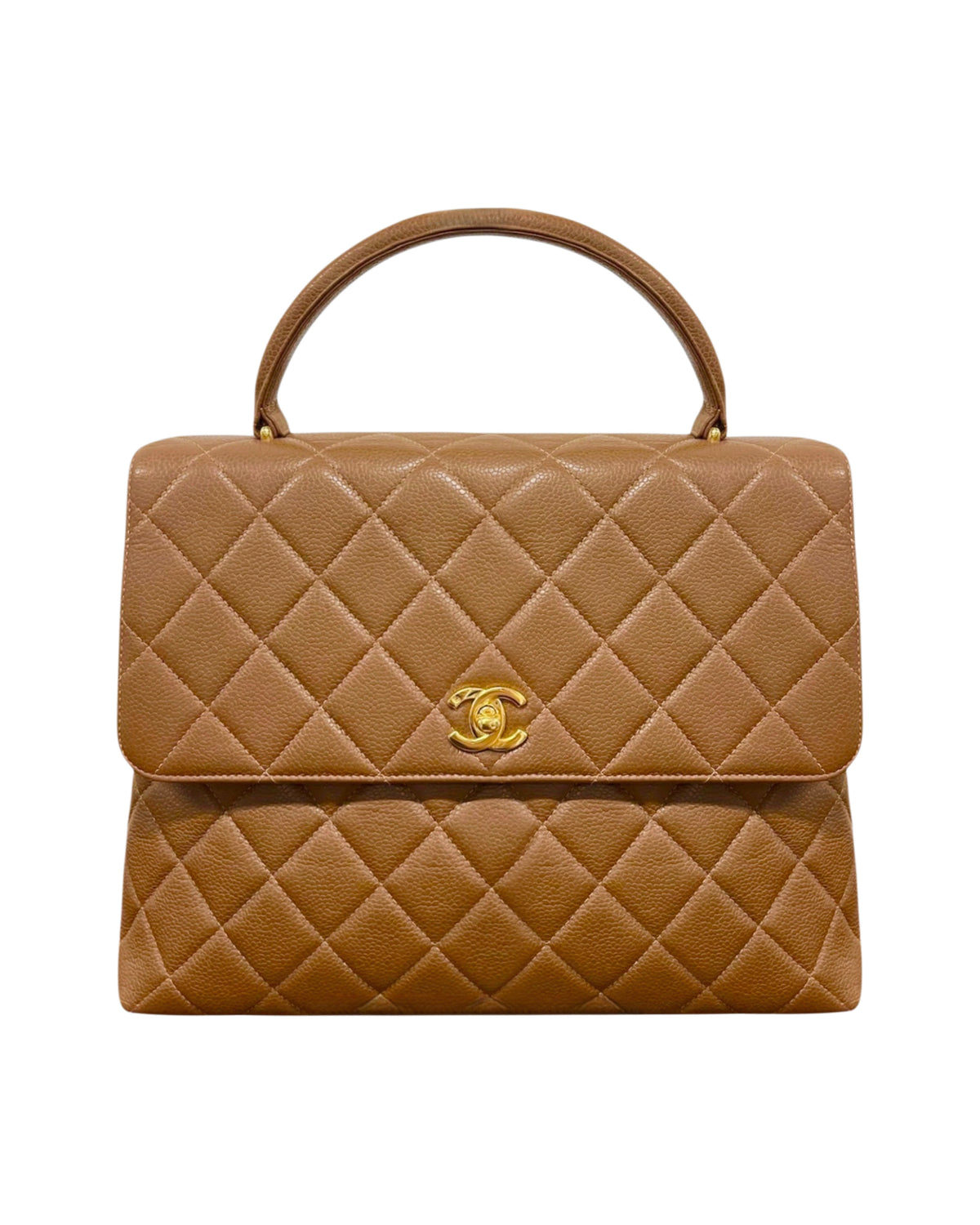 Chanel Vintage 90s Light Brown Quilted Caviar Medium Kelly Top Handle Flap Bag with 24K GPHW