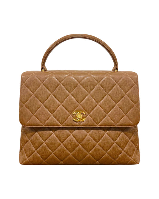 Chanel Vintage 90s Light Brown Quilted Caviar Medium Kelly Top Handle Flap Bag with 24K GPHW