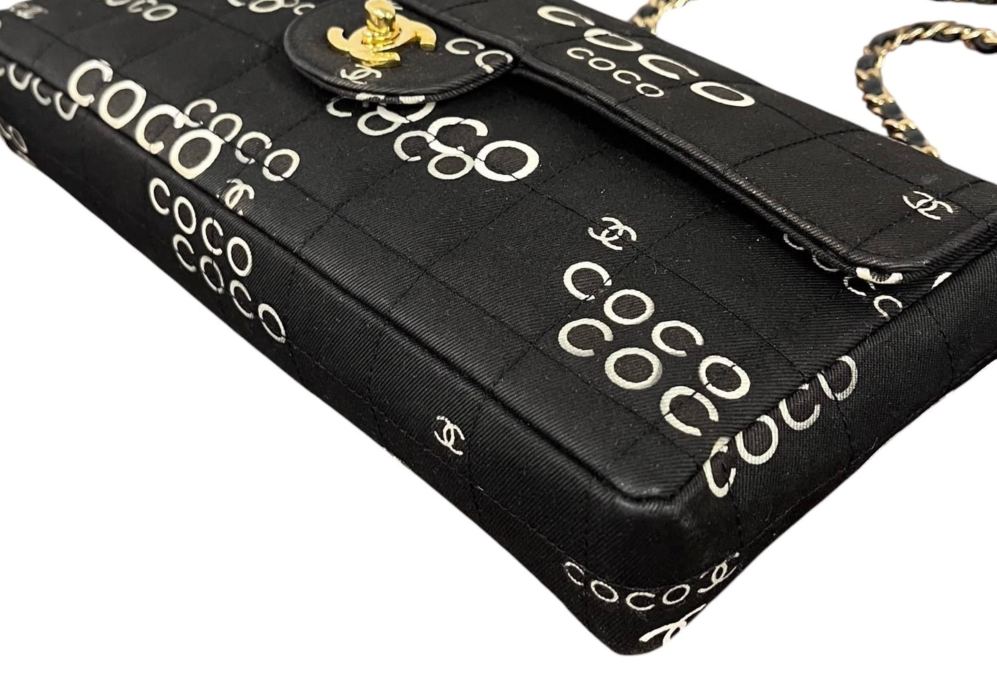 Chanel Vintage 2000 Black Coco CC Satin Chocolate Bar Quilted East West Shoulder Flap Bag
